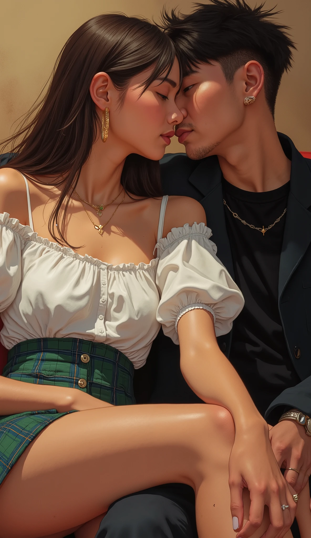 the two are sitting snuggled up, showing a comfortable and intimate posture. The person on the left wears a white off-the-shoulder top with puff sleeves, wearing a high-waisted green and blue plaid miniskirt, On top of a modern and young 々It exudes a nice style. Their long, straight hair flowing loosely over the shoulders, complements the outfit. on the right, and is wearing a dark blazer over a black shirt, stylish and slightly stylish Adding a formal touch. This ensemble 、accented with gold hoop earrings and a modest chain necklace, enhances the look. the human hand is gently placed on the partner's leg, a ring is worn on the right hand、has a small tattoo. The setting matches the overall color scheme of, and soft lighting create a warm and cozy atmosphere. The overall vibe is relaxed and full of love, embodies camaraderie and elegance.