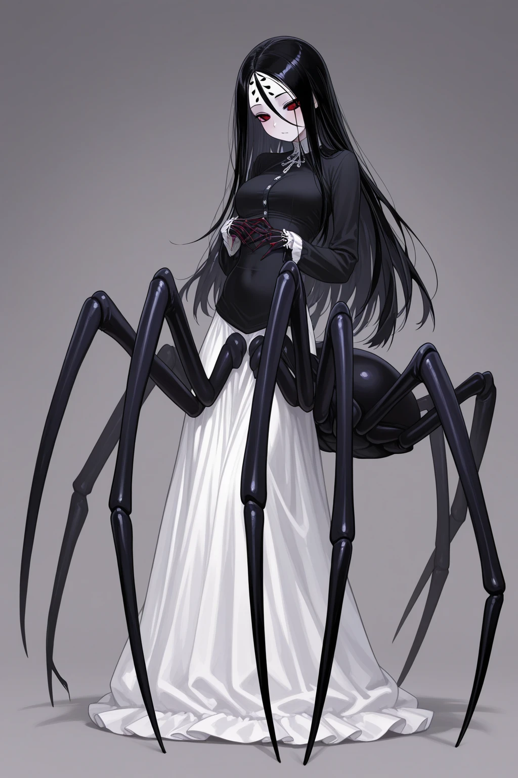 1girl, arachne, black arachnid, full body, priestess, dress, eight black spider legs, silver hair