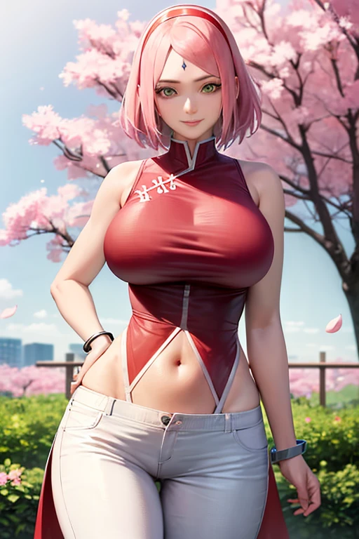Realistic, Photorealistic,cowboy shot,masterpiece, absurdres ,1girl, haruno sakura, sweating, forehead mark, red hairband, red bra, cleavage, white underwear, navel, groin, bracelet, looking at viewer, smile, cherry blossoms, private garden, wind, floating hair, large breast ,((wide hips)), toned body, detailed eyes, exposing both armpits, dirty armpits, sweaty armpits, armpits fold, golden halo, angel wings, shiny aura, muscular arms