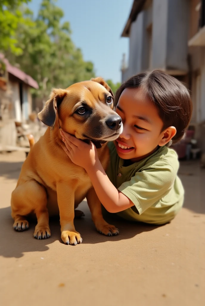 Desenvolva uma imagem digital de alta qualidade, with advanced levels of detail and a cinematic style, depicting a charming scene of a child playing with a dog. Capture the innocence and joy of the moment, destacando os sorrisos contagiantes, the texture of the dog's fur and the details of the child's facial expressions. Use cinematic lighting to create a warm, welcoming atmosphere, ressaltando as nuances de luz e sombra na cena. Make sure the image conveys the authenticity and tenderness of the bond between the child and the dog, providing an immersive and emotionally engaging visual experience.
