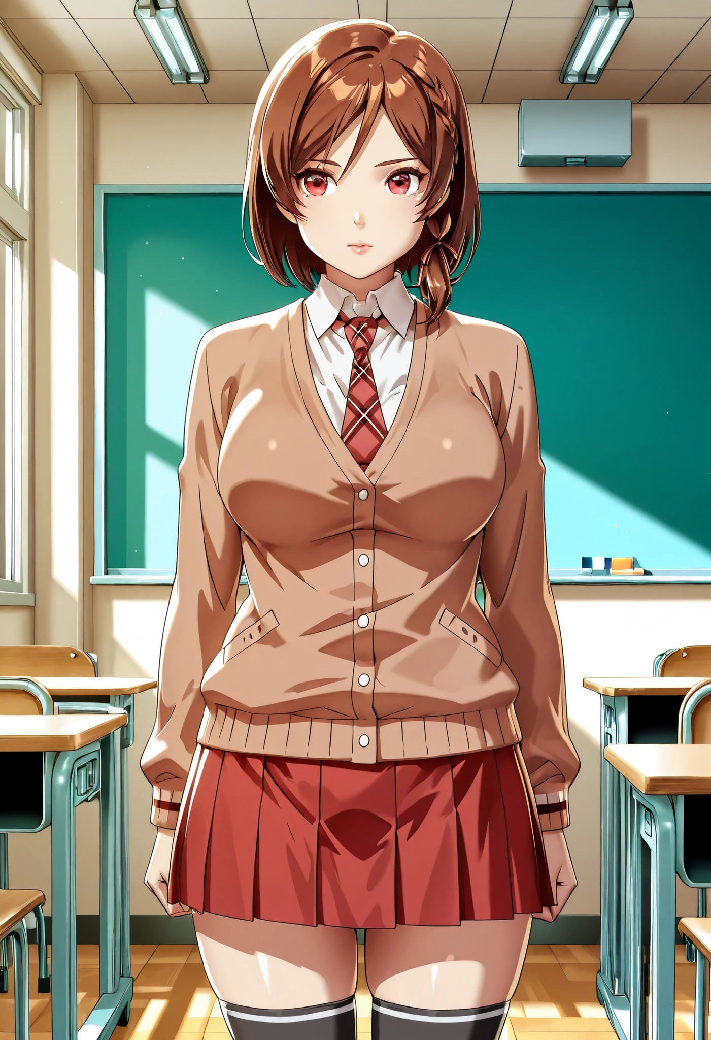  Sakuraimori Akane,solo,red skirt,brown hair,long hair,necktie,red eyes,brown cardigan,short hair,school uniform,red necktie,white shirt,black socks,classroom, standing, thighhighs , curvy , glossy lips ,closed mouth,cowboy shot