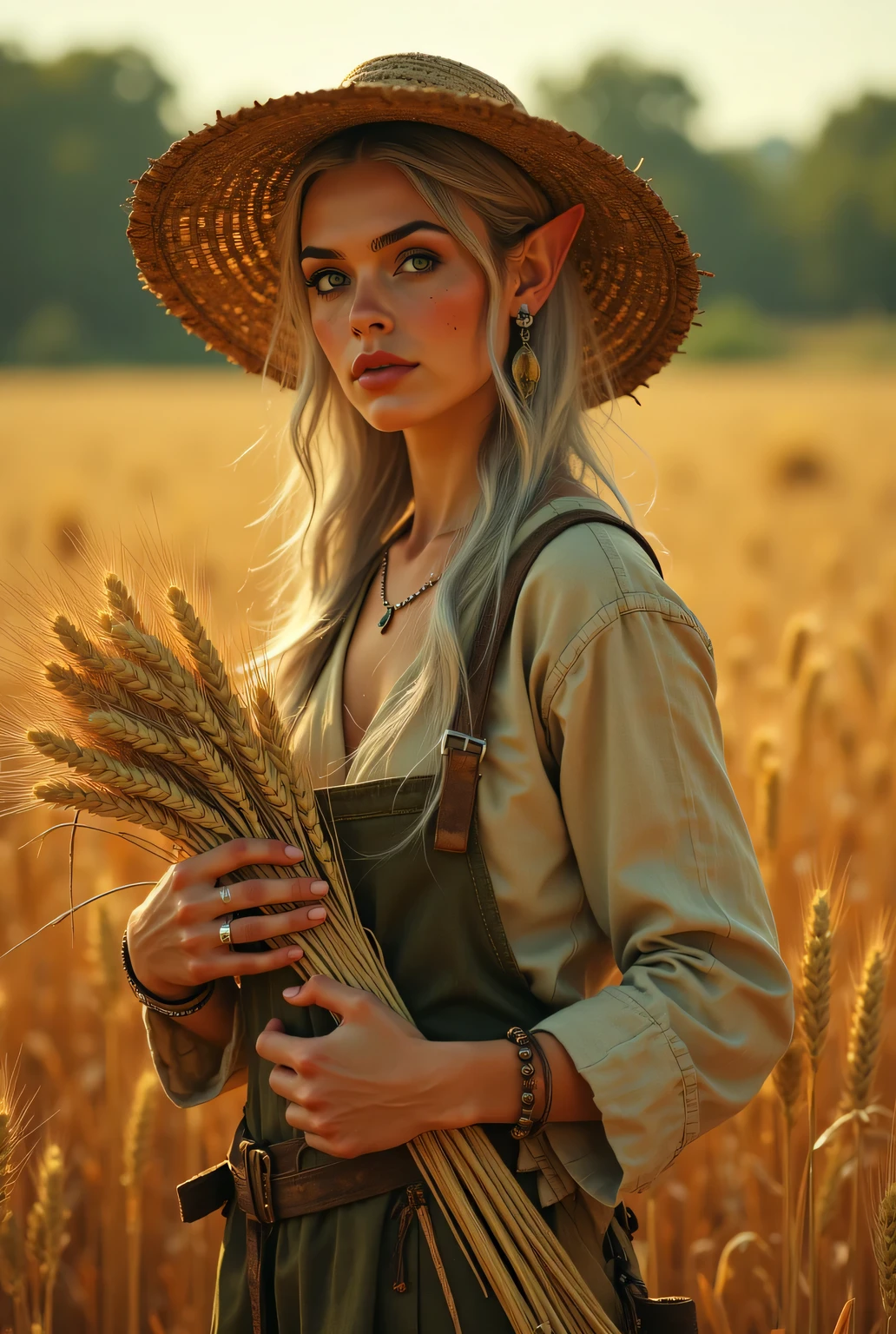 c0mix2, Ultra-realistic portrait photograph, close-up shot of an elf woman with elf ears in her mid-30s, working in a golden wheat farm during harvest season. She holds a freshly cut wheat sheaf in one hand and a rustic sickle in the other, her calloused hands hinting at years of labor. Her attire is weathered peasant clothing—linen tunic, patched trousers, and a wide-brimmed straw hat casting soft shadows over her sharp, angular features with classic long elf ears, blue eyes and silver hair. The ambiance is warm and earthy, with twin suns casting a golden-hour glow, creating long shadows and a hazy, dreamlike atmosphere. The era feels timeless, blending medieval agrarian life with subtle fantasy elements. Art style: hyper-detailed, cinematic realism with a touch of painterly texture, reminiscent of Gregory Crewdson’s staged realism. Colors are rich and warm—amber wheat, deep greens, and earthy browns—contrasted by her silver-blue elven skin , silver hair and blue eyes. Techniques: shallow depth of field, soft bokeh, and natural lighting with a slight lens flare from the twin suns. Mood: serene yet resilient, capturing the quiet dignity of labor and harmony with nature.