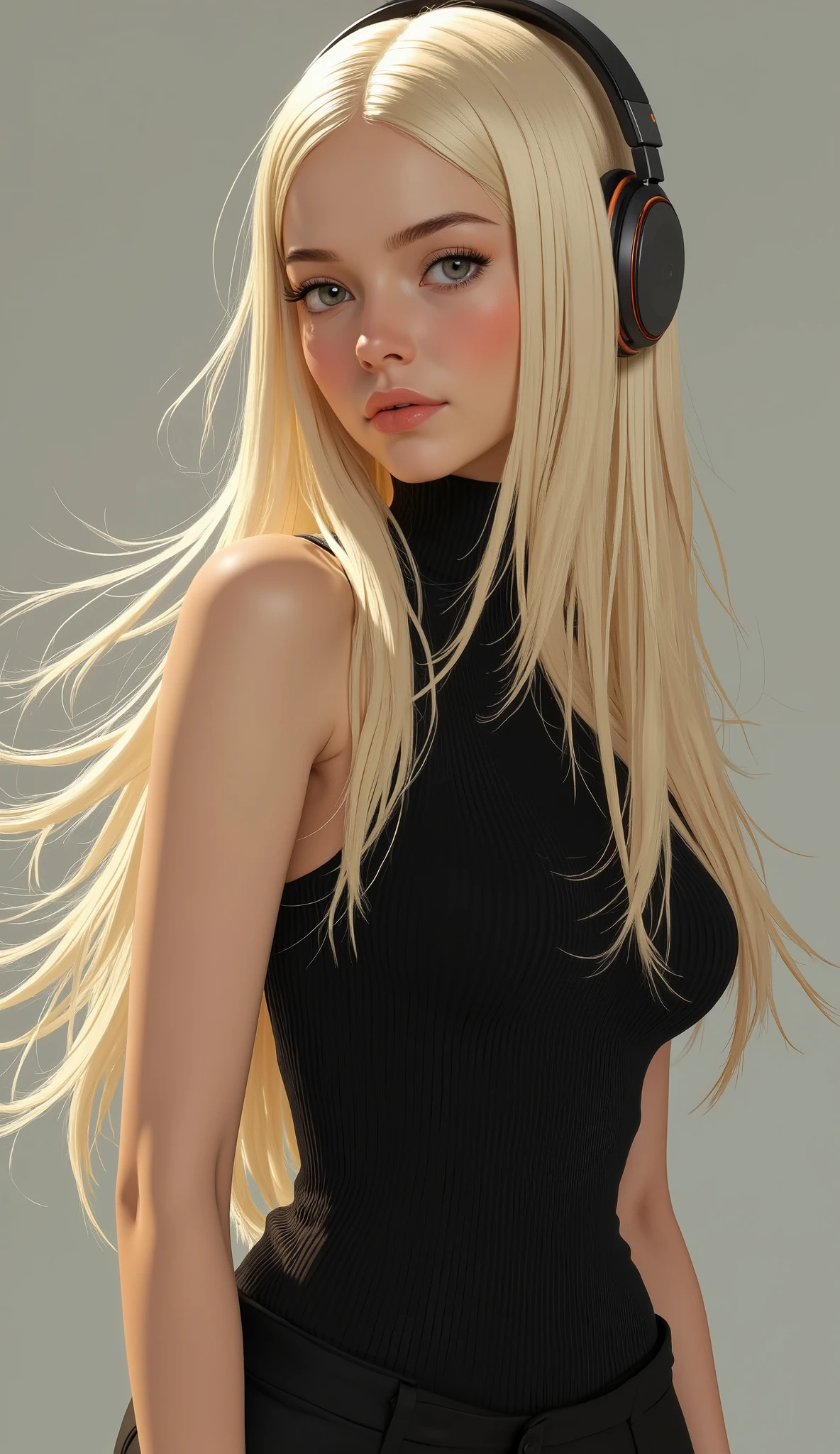 that shows small breasts。The image is long , over-ear headphones that add depth to the hair and texture, ほぼ腰に届く . The hair is smooth , シルキーな質感in、A faint golden light that almost reaches the waist, in、周囲の照明を反射しているようinす. goes well with the, 。The color looks gray or silver, in、Stylish, futuristic style . 。That person has a black ribbed knit top, 。fabric that creates a contrasting background with bright hair that almost reaches the waist. lighting is gentle, in輝いています髪と質感に深みを与える. The background is a muted neutral color, probably light gray or beige, Exudes a serene atmosphere.
