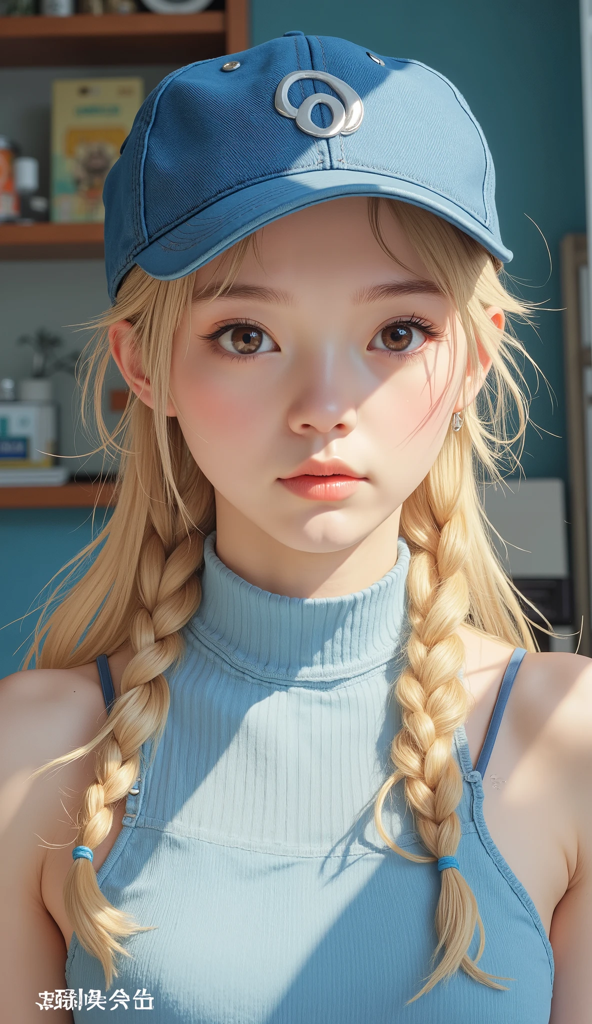 長いブロンドの髪のlikeい女性が、wearing a denim hat embroidered with a simple silver embroidery design, probably「D」letters. Her hair is styled in 2 loose pigtails, tied with a black elastic band, small braids are applied to enhance texture. She is wearing a high-necked light blue sleeveless top, exposes her shoulders and collarbone. lighting written in white is direct、casts sharp shadows, The photo suggests the photo was taken indoors using a flash. The vibe is casual and relaxed, The choice of clothing and hairstyle contributes to the relaxed atmosphere, like々 atmosphere. The blue tones that stand out on both her hat and top create a harmonious color, enhances the overall beauty of the image. has Chinese text at the bottom, The, likely shows a username or source.