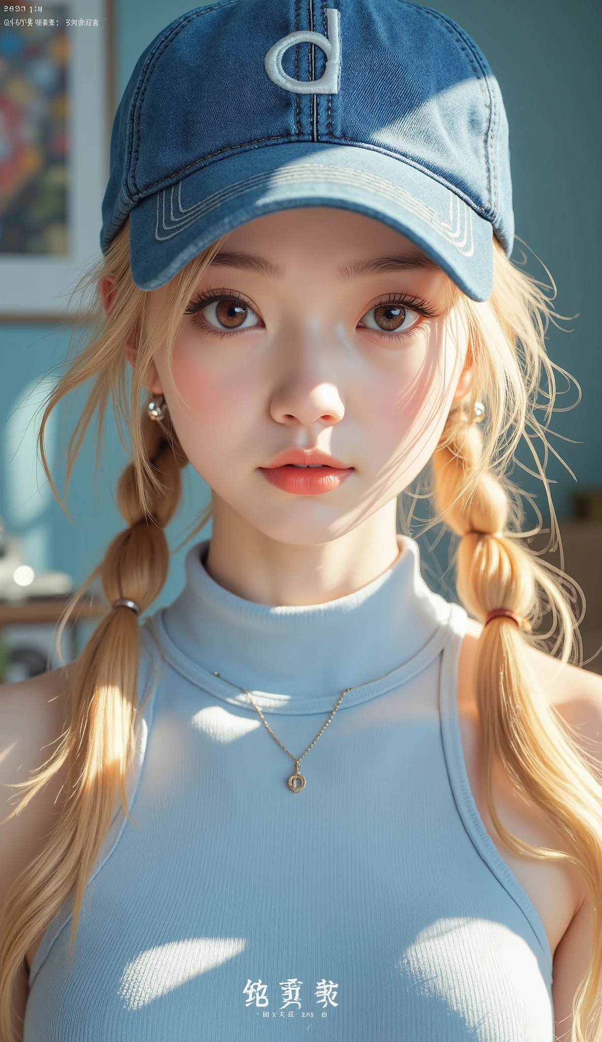 長いブロンドの髪のlikeい女性が、wearing a denim hat embroidered with a simple silver embroidery design, probably「D」letters. Her hair is styled in 2 loose pigtails, tied with a black elastic band, small braids are applied to enhance texture. She is wearing a high-necked light blue sleeveless top, exposes her shoulders and collarbone. lighting written in white is direct、casts sharp shadows, The photo suggests the photo was taken indoors using a flash. The vibe is casual and relaxed, The choice of clothing and hairstyle contributes to the relaxed atmosphere, like々 atmosphere. The blue tones that stand out on both her hat and top create a harmonious color, enhances the overall beauty of the image. has Chinese text at the bottom, The, likely shows a username or source.