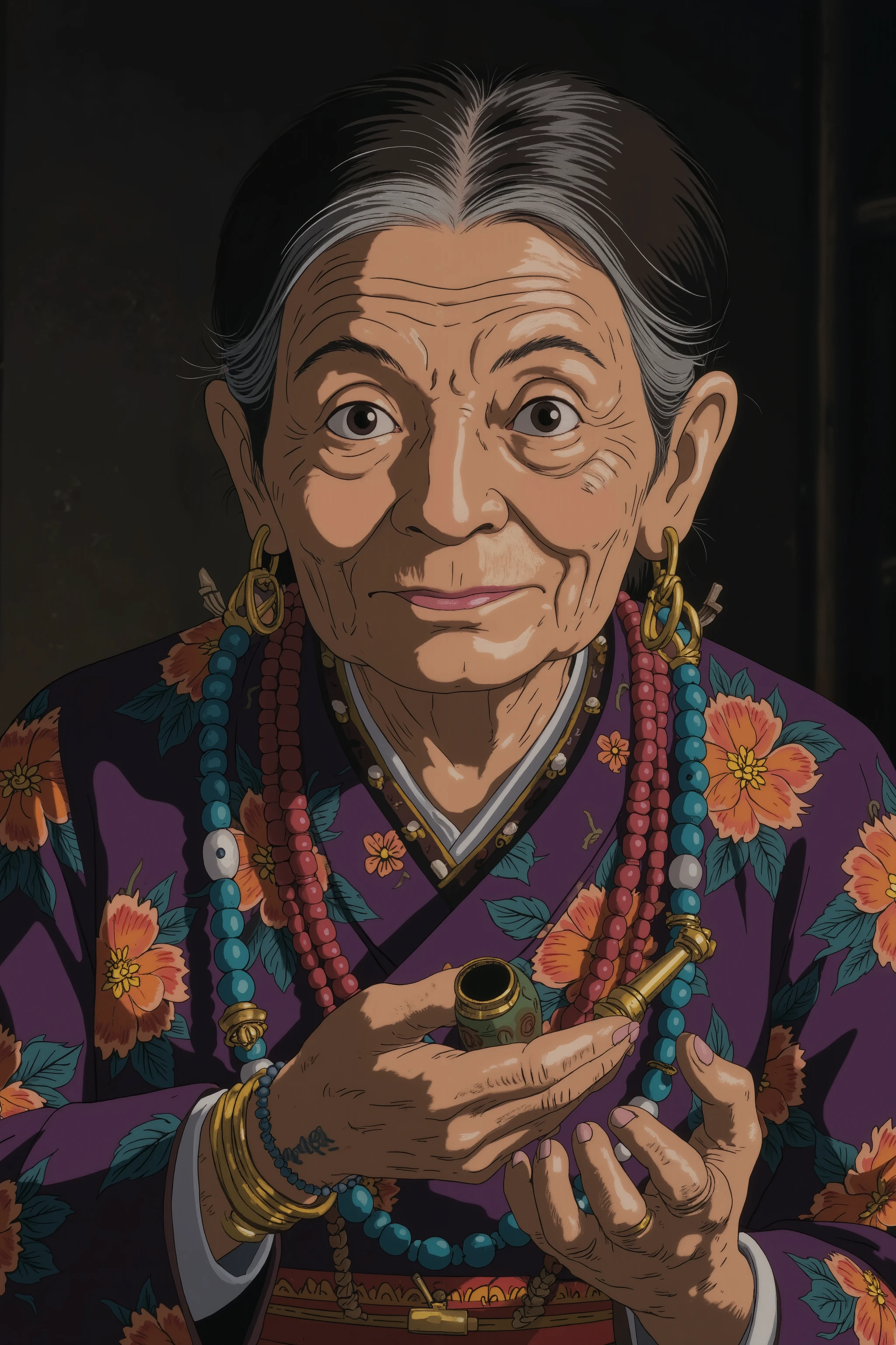 Elderly women、100 years old、folk costume、deep facial wrinkles、Skin with deep wrinkles、Many gold rings are attached to stretched earlobes、Earlobes are extremely stretched、Many golden rings hang。Pipes on the palm、full face tatoo,南米のNational装飾、portrait、深みのあるexpression、brightly colored traditional costumes、Antique Accessories、Gold Accessories、skin texture、lighting、Deep Focus、Deep colors、expression、Tranquil Atmosphere、Cultural な表現、natural light、Nationalな芸術、、Traditional Ornament Styles、dark brown skin to sexual activity、Silver ornament、Complex Pattern、 multicolored beads 、Rich Textures、深いexpression、A traditional yet modern element、Subdued Styles、Cultural 、National、Traditional Handicrafts、Deep Portraits、Historic Images、Traditional Culture 、Nationalな伝統、semi-realistic