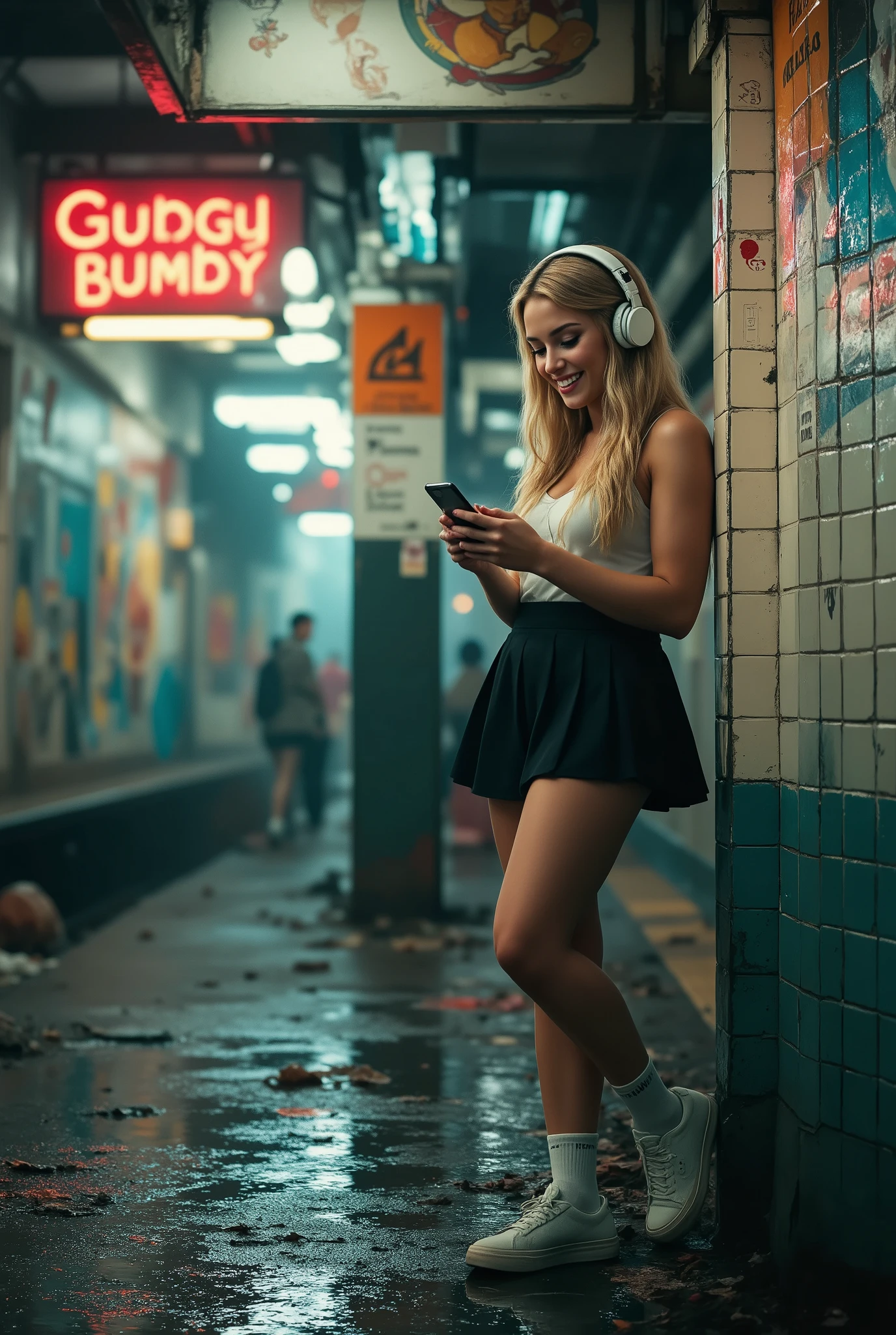 A photorealistic masterpiece of a Californian woman with long blond hair, wearing a white sleeveless shirt, pleated black mini skirt, white knee socks and white Nike sneakers (outfit:1.3), navel showing. She stands in a run-down subway station, leaning against a tiled wall beneath a giant Bugs Bunny movie billboard, smiling brightly as she scrolls through her wireless smartphone, oversized headphones on her ears (clueless expression:1.4, wireless Apple headphones:1.2). Shallow puddles on the platform mirror flickering neon lights and scattered trash (decay atmosphere:1.2), while the old sign casts whimsical glows around her. High image quality, best quality, intricate details, realistic textures and reflections, sharp focus, photorealistic lighting.