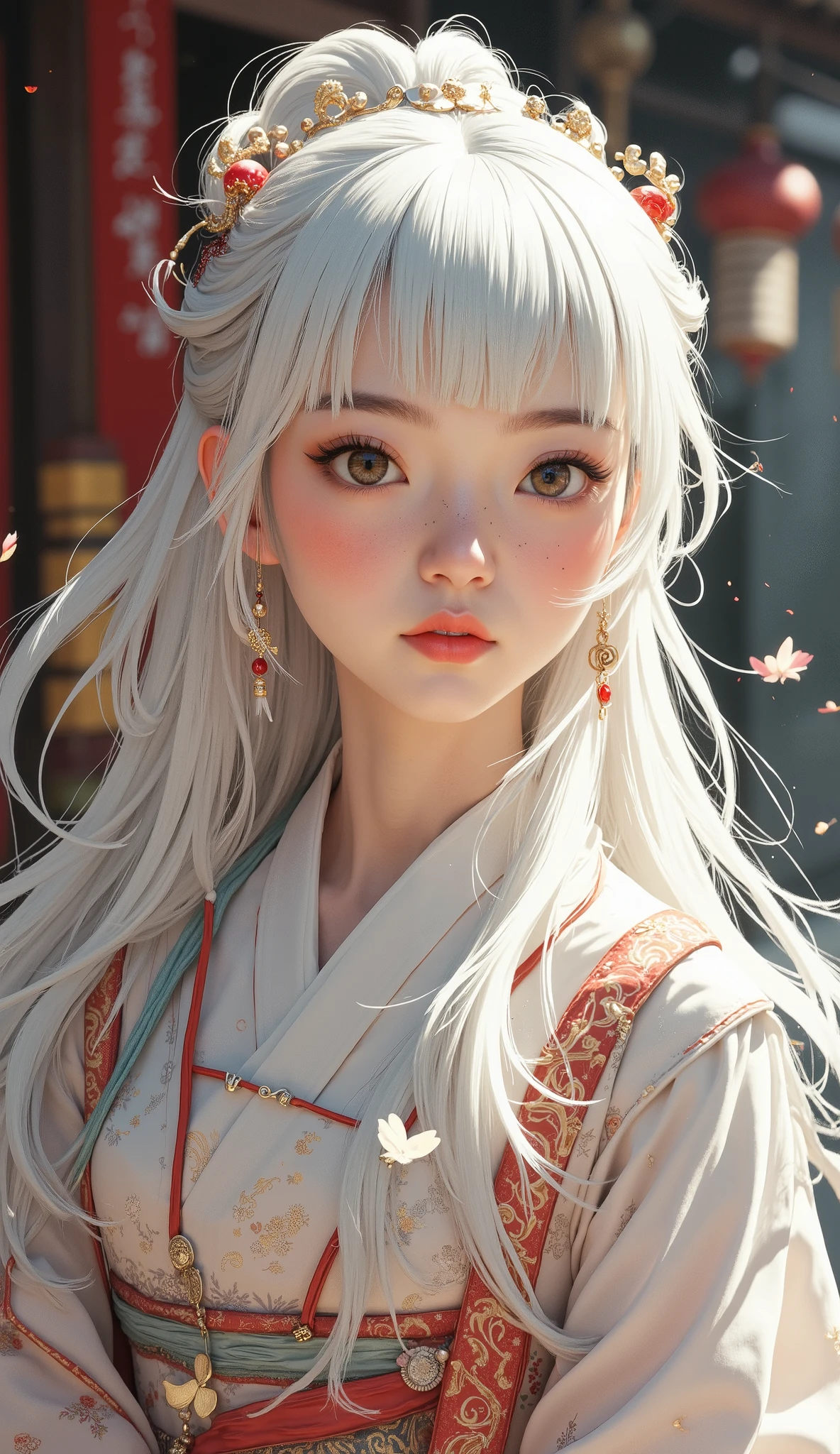 A woman with long blond hair and bangs is posing for a photo, Ancient Chinese Hanfu , full bang, white himecut hairstyle, long hair full bang, Lisa Manovan in blackpink, with bangs, princess cut, her hair is white, long white hairと前髪, long hair with bangs, long white hair, long white hair