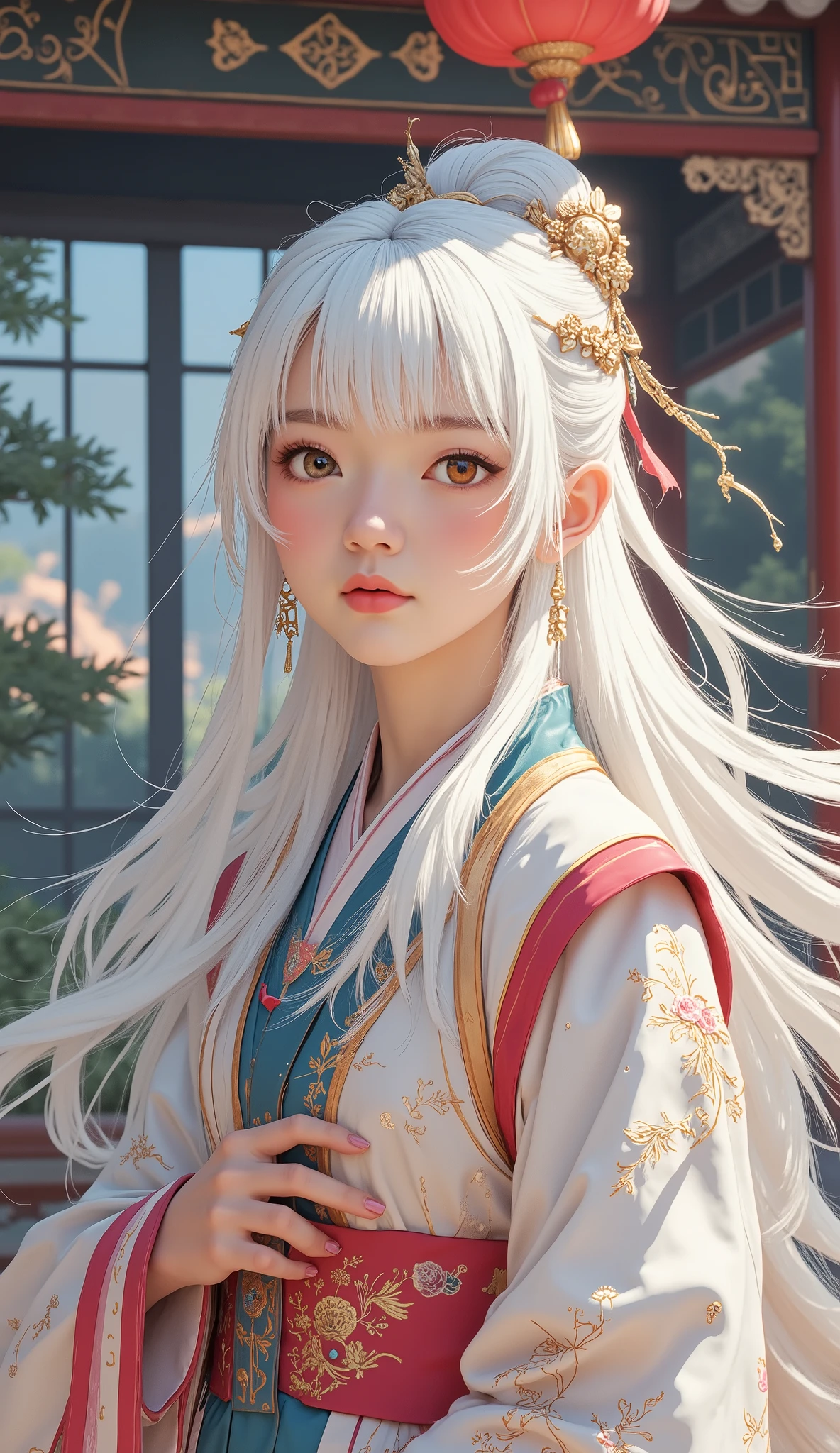 A woman with long blond hair and bangs is posing for a photo, Ancient Chinese Hanfu , full bang, white himecut hairstyle, long hair full bang, Lisa Manovan in blackpink, with bangs, princess cut, her hair is white, long white hairと前髪, long hair with bangs, long white hair, long white hair