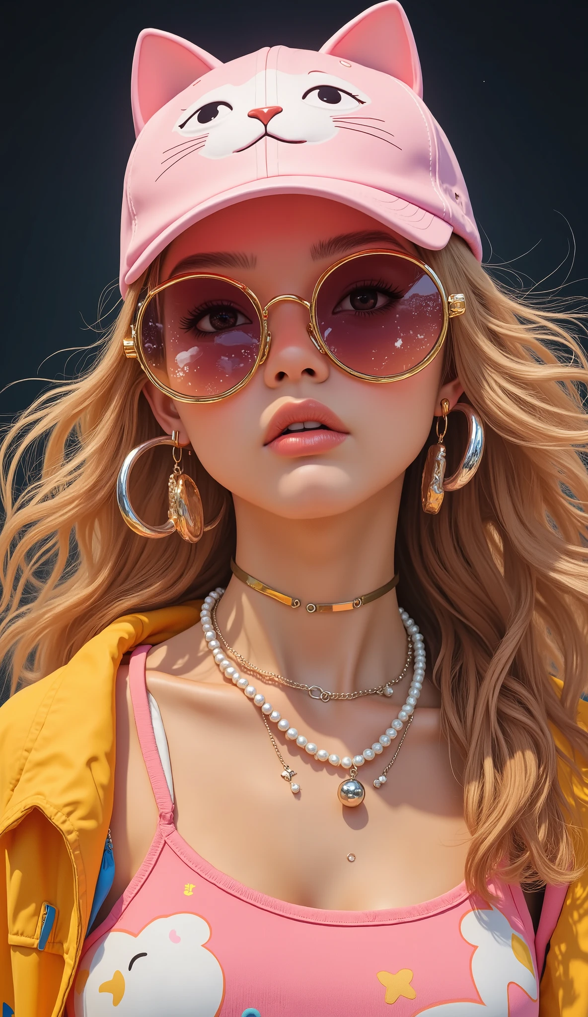 Vivienne Westwood sunglasses gold and gold, wavy hair 、tanned skin、 Japanese Gals、I'm wearing a light pink baseball cap with a design embroidered with cartoon-style cats and words "Stay Pock." This cap has a combination of、The overall look is playful and can be placed indoors by young々Seems々touch。. Large Hoop Earrings, has a glossy finish and looks metallic, Remarkable、stand out in contrast to that accessory softness of hair. Neck circumference, unique 真珠のストリングを身に着けている人は、unique , ring,  on her face . caps, gem, hair combines casual and chic fashion Orb-shaped silver pendant with, } The hair seems to reflect modern street style influences. This image shows a young person 々trendy vibe, wearers,  dark, unfocused background