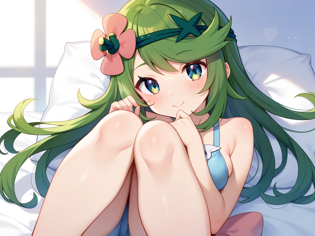 best quality, masterpiece, (very small breasts:1.3), from above, pov, barefoot, (bedroom:1.3), (student swimwear:1.5), miorine rembran, ahoge, (green eyes:1.5), orange hair, hair between eyes, (long curly hair:1.25), swept bangs, nipples