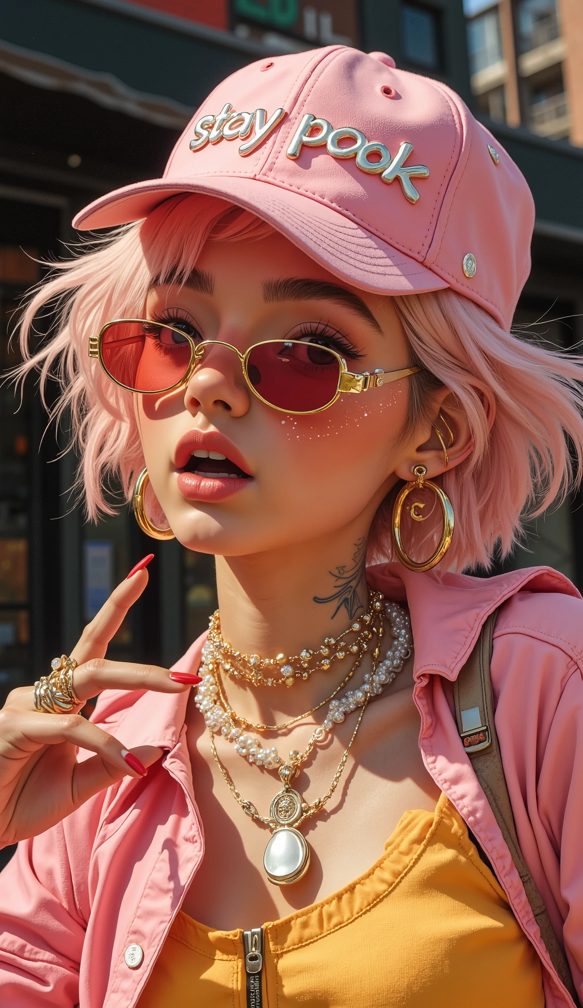 Vivienne Westwood sunglasses gold and gold, wavy hair 、tanned skin、 Japanese Gals、open your mouth wide、I'm wearing a light pink baseball cap "Stay Pock." This cap has a combination of、The overall look is playful and can be placed indoors by young々Seems々touch。. Large Hoop Earrings, has a glossy finish and looks metallic, Remarkable、stand out in contrast to that accessory softness of hair. Neck circumference, unique 真珠のストリングを身に着けている人は、unique , ring, on her face . caps, gem, hair combines casual and chic fashion Orb-shaped silver pendant with, } The hair seems to reflect modern street style influences. This image shows a young person 々trendy vibe, wearers, dark, unfocused background