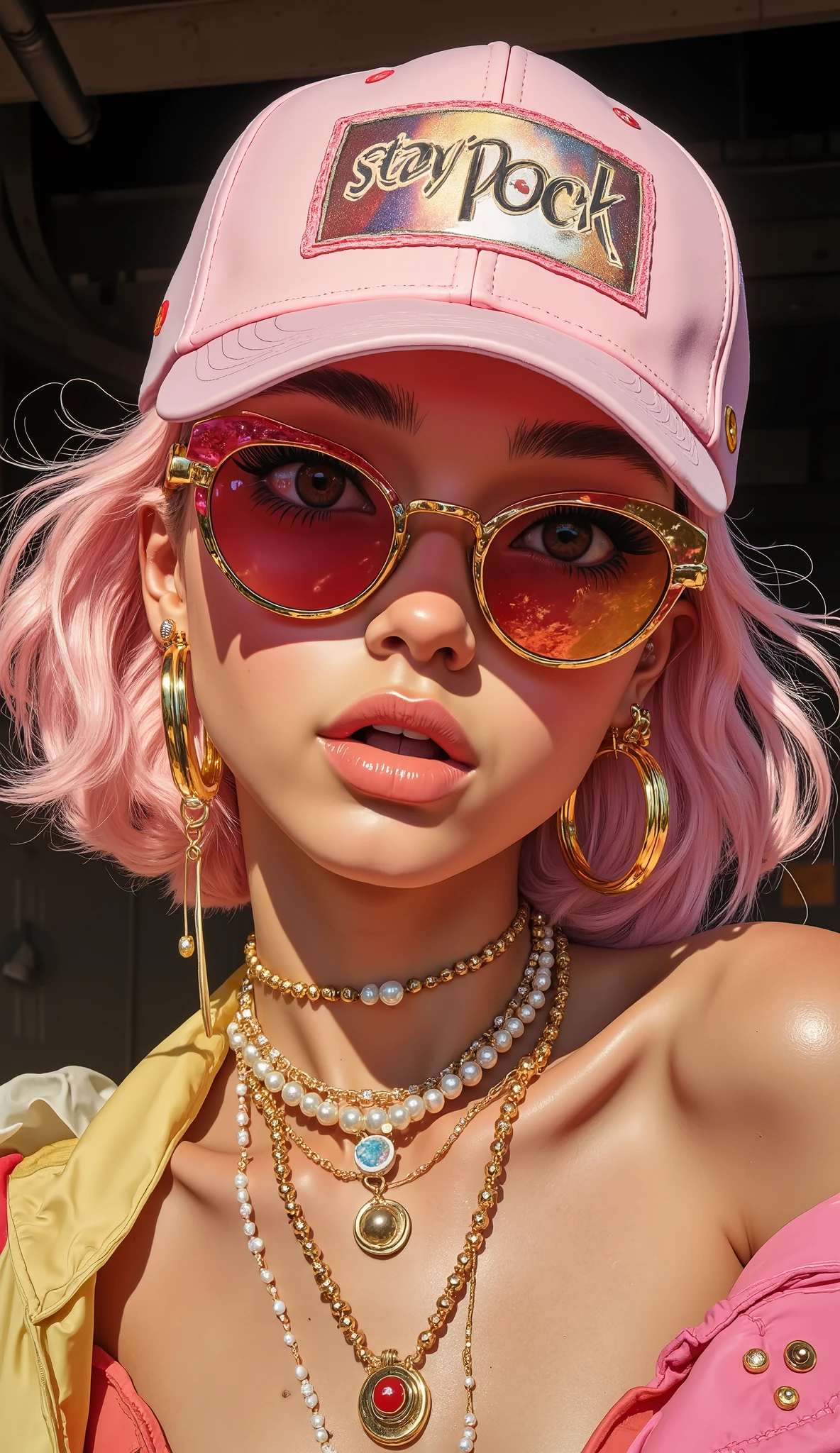 Vivienne Westwood sunglasses gold and gold, wavy hair 、tanned skin、 Japanese Gals、open your mouth wide、I'm wearing a light pink baseball cap "Stay Pock." This cap has a combination of、The overall look is playful and can be placed indoors by young々Seems々touch。. Large Hoop Earrings, has a glossy finish and looks metallic, Remarkable、stand out in contrast to that accessory softness of hair. Neck circumference, unique 真珠のストリングを身に着けている人は、unique , ring, on her face . caps, gem, hair combines casual and chic fashion Orb-shaped silver pendant with, } The hair seems to reflect modern street style influences. This image shows a young person 々trendy vibe, wearers, dark, unfocused background