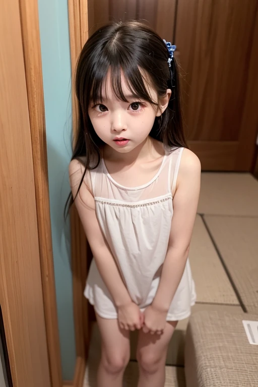 Japanese,Beautiful girl at 6 years old:1.85,Baby Face:1.85、Ultra-flat chest:1.85、Ultra short height、An innocent smile,cute,Primary school students,Private elementary school uniforms,Summer clothes、clavicle、Lie on your back in bed、Nipples