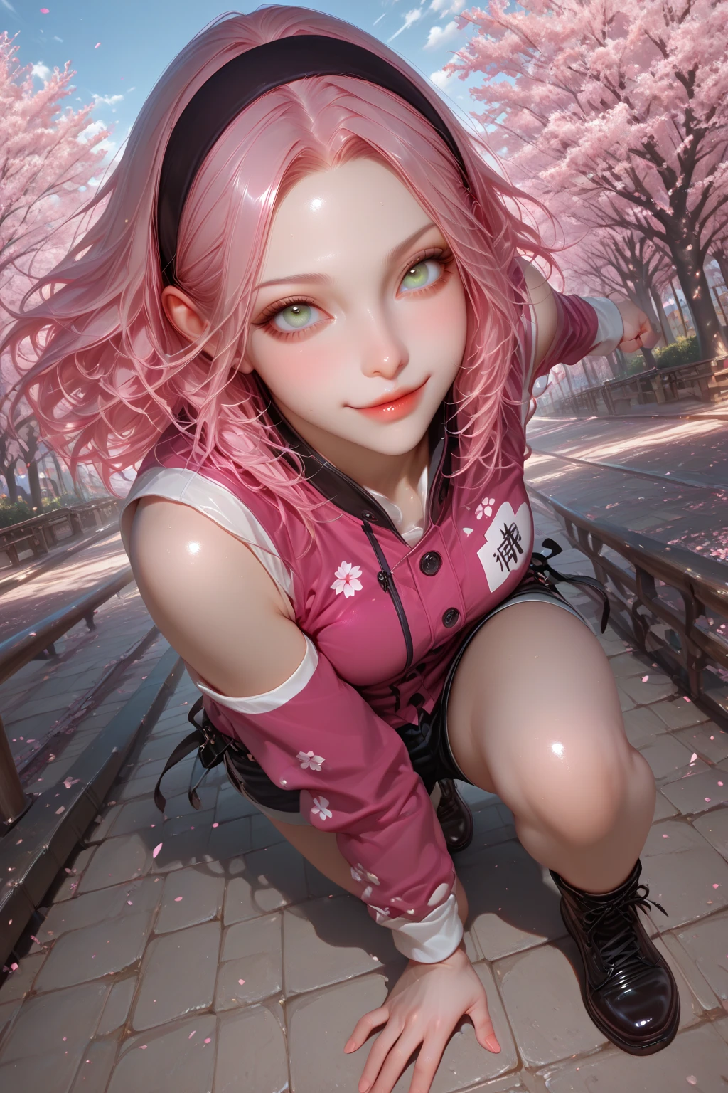 Nankotobuki \ (Shinobi no ko \), short pink hoodie, realistic, 3D, open clothes, flower garden, one girl with long pink hair sitting in a field of plants and flowers on the high building , white miniskirt, pink neon colour shoes