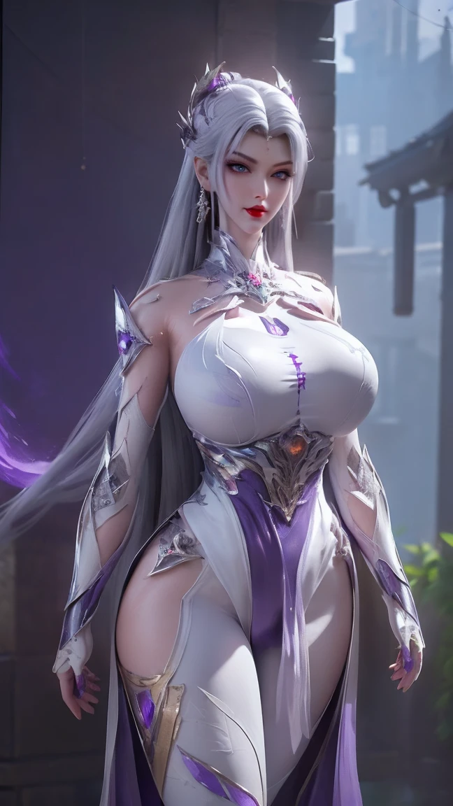 A BUSTY MILF, CLOSE UP UPPER BODY,SOLO,(WHITE STRAIGHT HAIR), (MASSIVE FAKE BOOBIES,CLEAVAGE TOP,MUSCULAR ABS:1.5), ((WEARING OUTFIT MECHA (LED PURPLE,WHITE,BLACK SNINY),BIKINI ARMOR SUIT:1.5)),(CURVY VOLUPTUOUS BODY SHAPE:1.5), (SWEAT BODYSKIN:1.5), (LOOKING AT VIEWER:1.6), (BACKGROUND FUTURISTIC SPACE STATION:1), (PHOTOREALSITIC:1.4), (ULTRA-DETAILLIERT), (TOP-QUALITY), (BEST SHADOWS), BRIGHT LIGHT IN ROOM, HYPER TEXTURE, (4X MSAA), ((UNREAL ENGINE 5 RENDER)), PHYSICALLY-BASED RENDERING, ULTRA HIGHT DEFINITION, 16K, 1080P.