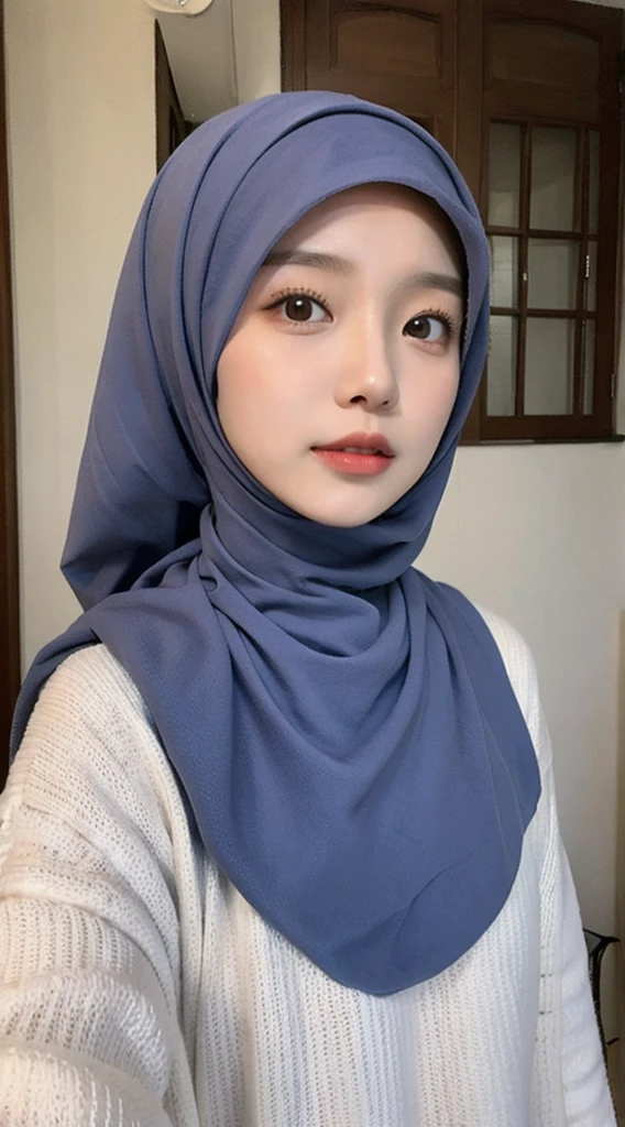 Malay girl in hijab wearing sexy pastel color pajamas portrait photography, mid shot photo, ultra detail, professional photograph with professional lighting, smile, light blue studio background, sexy seducing pose,