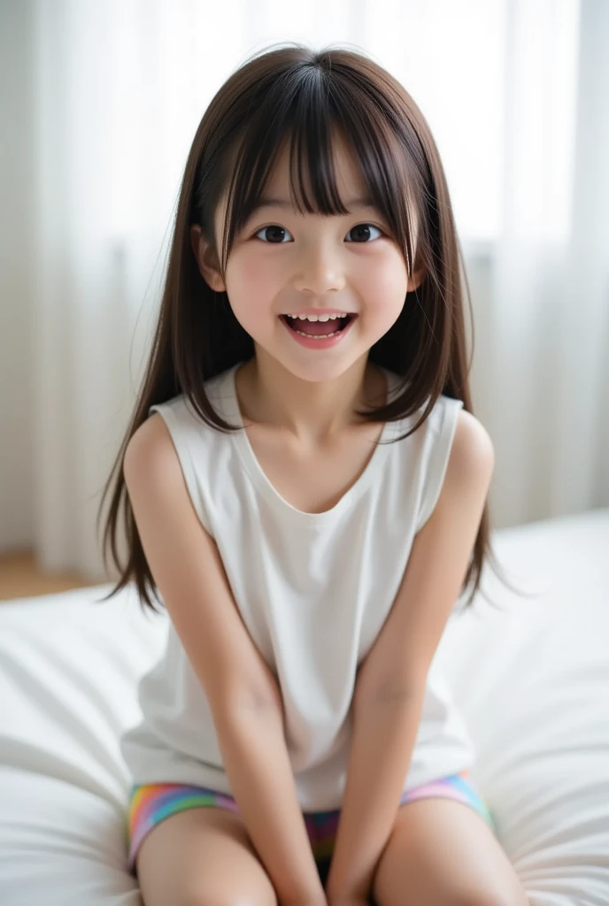 8K、top-quality、masterpiece、realisitic、The ultra-detailliert、a picture、nffsw、hight resolution、absurderes、cute face、A smile、bobhair、 女の子 1 人、see the beholder、A smile、tusk、((toddlers、Children 4 years old))、portlate、dressed in a white t-shirt、japanes、Put your face and upper body in、White background、profetional lighting、((Sareme))