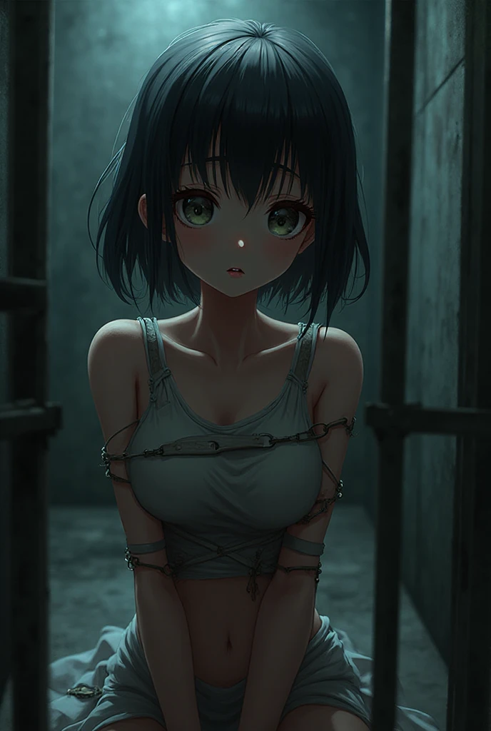 Thin woman、Tattered clothes、White tank top、Skinny body、Black Hair、black eye、Unhealthy appearance、Thin limbs、足にLockが繋がれている、basement、Dark Room、Lock、dirty prison