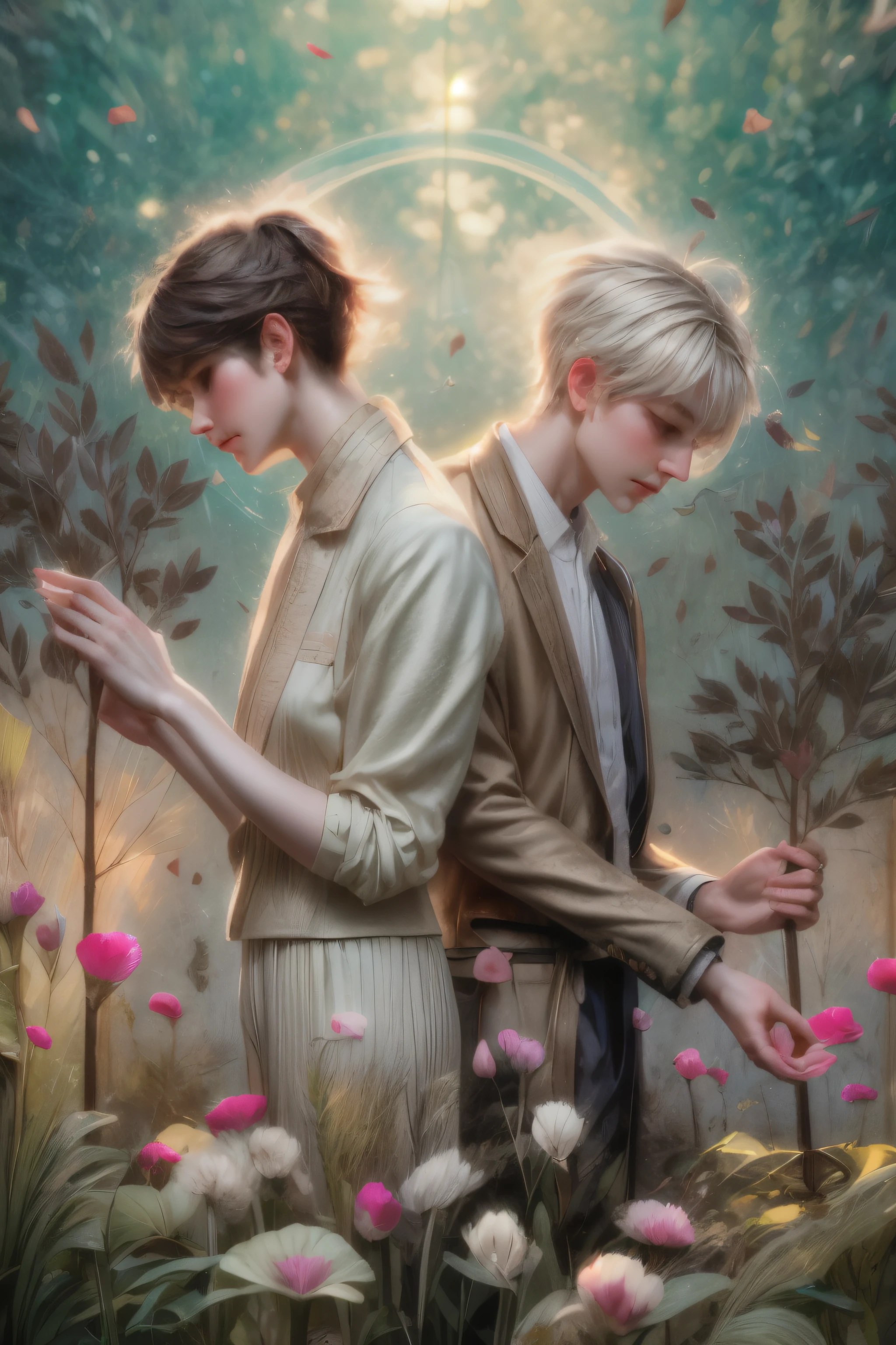 Two individuals are standing back to back in this artful and serene scene, each engrossed in a task involving delicate young plants. One person, dressed in a soft brown jacket, is carefully attending to a plant on the left side, their posture conveying mindfulness and attention. The other, clad in a vibrant green jacket, mirrors this action on the right, gently holding a small sapling. The composition is bathed in an ethereal light, with pastel hues painting the scene in soft blues, pinks, and greens, creating a dreamy and tranquil atmosphere. Surrounding them are various plants and mushrooms, with whimsical leaves floating gently in the air, adding to the magical quality. The overall mood of the image is contemplative and harmonious, suggesting themes of growth, connection, and balance with nature.((masterpiece)), ((quality)), ((Best quality)), ((official art)),subsurface scattering,hudini,hdr,ambiant occlusion,Depth-of-field,Maximum clarity and sharpness,Multi-layered textures,PBR Texturing, Post-processing, Anisotropic Filtering, Depth-of-field, Maximum clarity and sharpness, Multi-layered textures, Albedo and Specular maps, Surface shading,Ray Tracing, NVIDIA RTX, Super-Resolution, Unreal 5, Accurate simulation of light-material interaction, Perfect proportions, Octane Render, Two-tone lighting, Wide aperture, Low ISO, White balance, Rule of thirds,Alphonse Mucha, Asian Painting, hwasanchiun, J.C. Leyendecker, Audrey Kawasaki,cyanparade kidchan,artgerm,sakimichan,maggi harem,james jean,akihiko yoshida,nocchi,kuri huang,janaschi,Jo chen,meisanmui