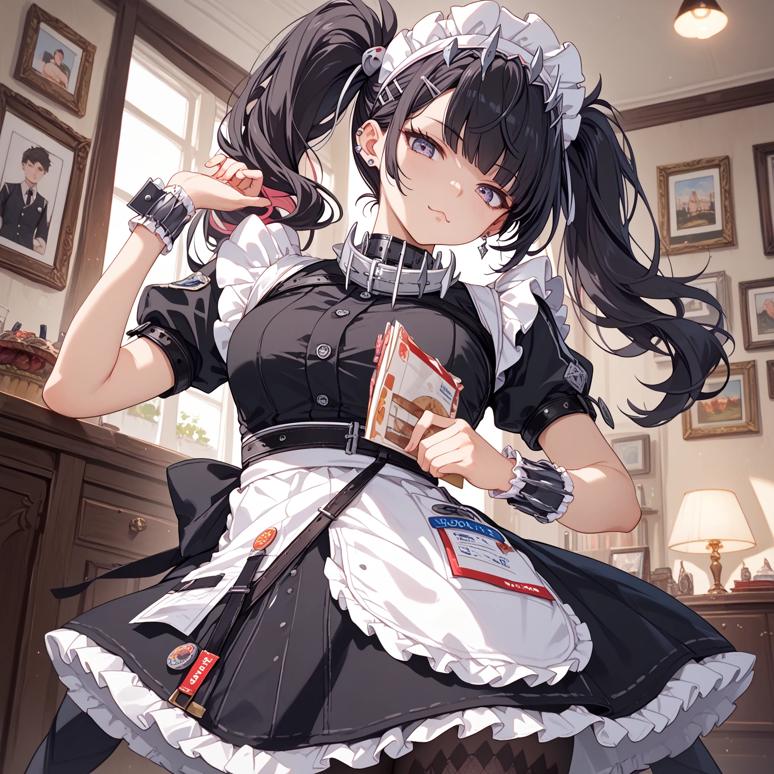 One girl, black hair, ponytail, BREAK, (traditional maid dress:1.4), BREAK, (lifting skirt up to , lifted by self:1.4), (wearing white ruffle bloomers:1.8), bedroom, blushing face, opening mouth, closing eyes,