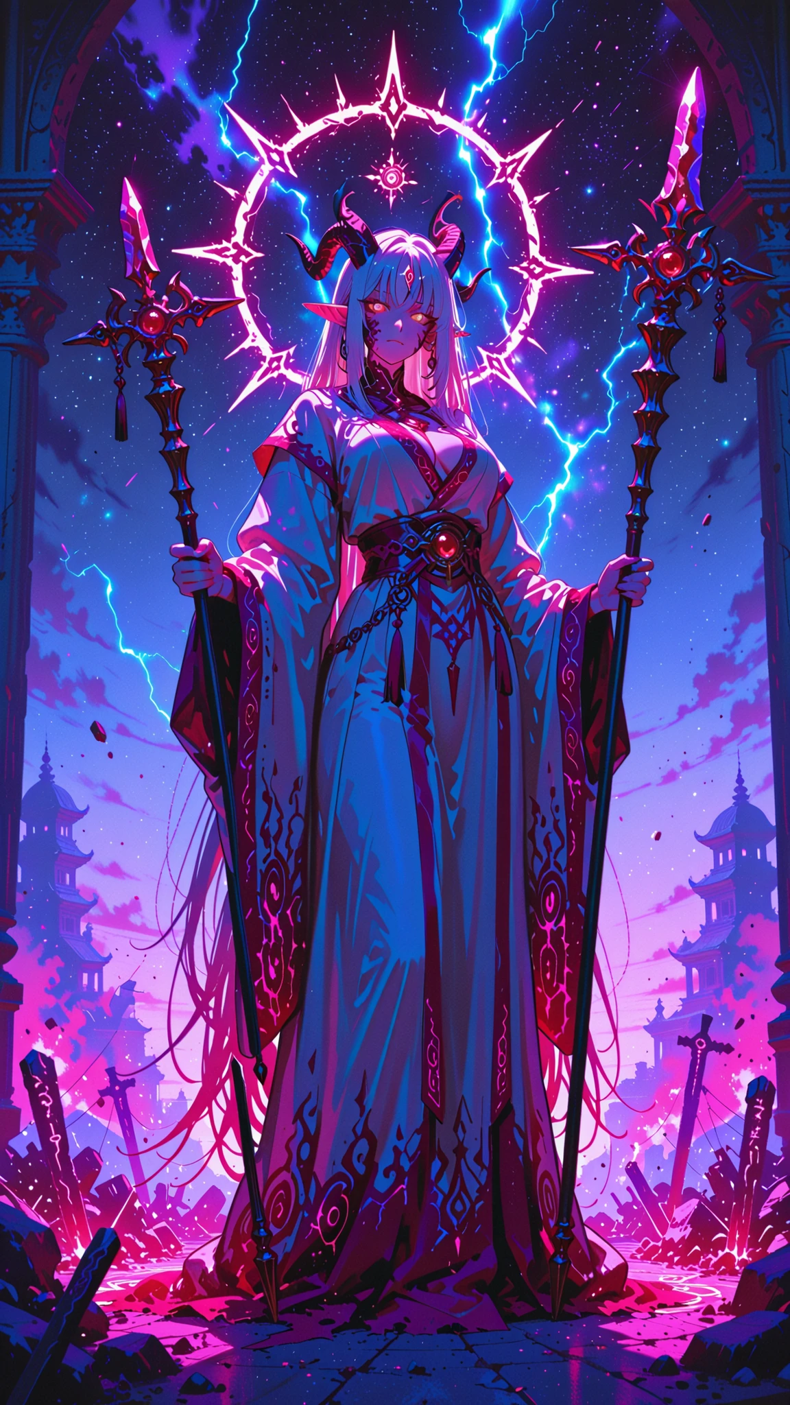 (masterpieces:1.2), (animation style with an oblique line:1.2), Ultimate Elder Archmage, Ancient Dragon-Elf Hybrid, Long Silver White Hair, glowing golden eyes, Elegant Signs of Time on the Face, majestic and timeless expressions, Tall and Slim Body, long, stretched robe with a celestial pattern, Rune Characters Carved on Sleeves, Gently Curved Horns, Soft Dragon Scales on the Neck and Hands, Carrying a glowing staff made of crystal and twisted wood, A monster that looks like a shadow from a magical rift fighting against a huge group of warriors, A devil with glowing red eyes Soldiers, Grotesque Form, chaotic energy swirling around it, The elder builds a huge vision barrier with glowing hieroglyphics, Divine magic that clashes with cursed spells, The swirling of light and darkness swirling in the sky, A devil with magical books and rapidly orbiting celestial rings, Pillars Collapsing by Impact, Golden Magic Circle Under Feet, flying debris and fireworks, background: Destroyed High Temple, Floating Marble Fragment, A starry sky full of lightning and magical explosions, Ten, Magical Ambient Light, Dramatic Cinematic Atmosphere, picturesque animation fantasy style, very detailed, dynamic movement, majestic
