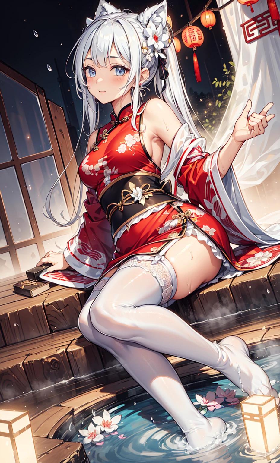 top quality,best resolution,(Soaked的白色长旗袍),super detailed, She has a white twin tail,20 years old young girl,Gorgeous的雕纹,Design intricate clothes,light eyes,she has earrings, wealth,Gorgeous, imagine,Elegant and charming,Slightly curvy figure,((White transparent white garter stockings)),((Soaked,Adjacent to ancient Chinese hot springs)),night,small light,posture