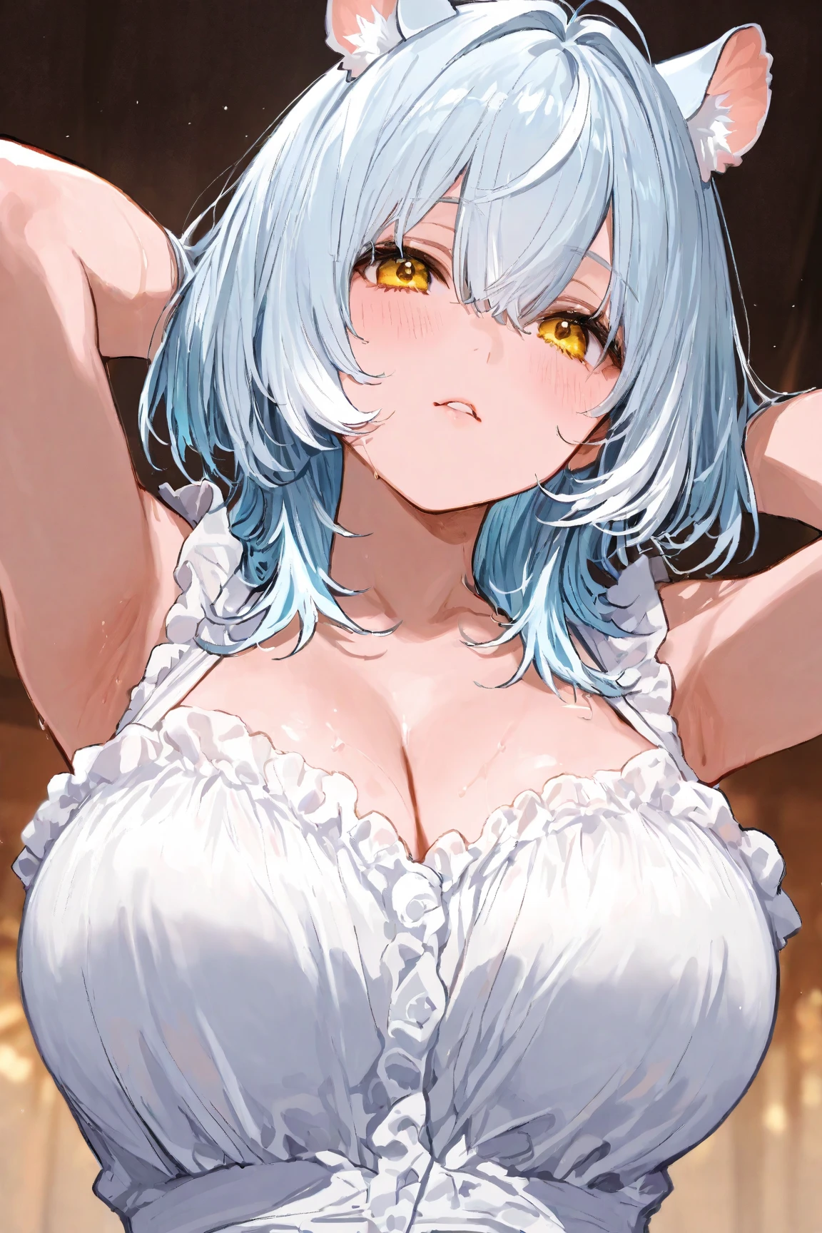 masterpiece,Highest quality,One Girl、Mature Woman:1.3、Huge breasts:1.8、Saggy breasts:1.2、Put your hands together、Provocative smile、Cow print bikini、Dripping breast milk、Titty fuck、breast in 1penis、paizuri under clothes、breast grab、Titty fuck顔射、((cum in facial、bukkake))、pojecile cum、Close your right eye、Sticking out tongue、Light blue hair、Light blue and white braided side tail、White bunny ears