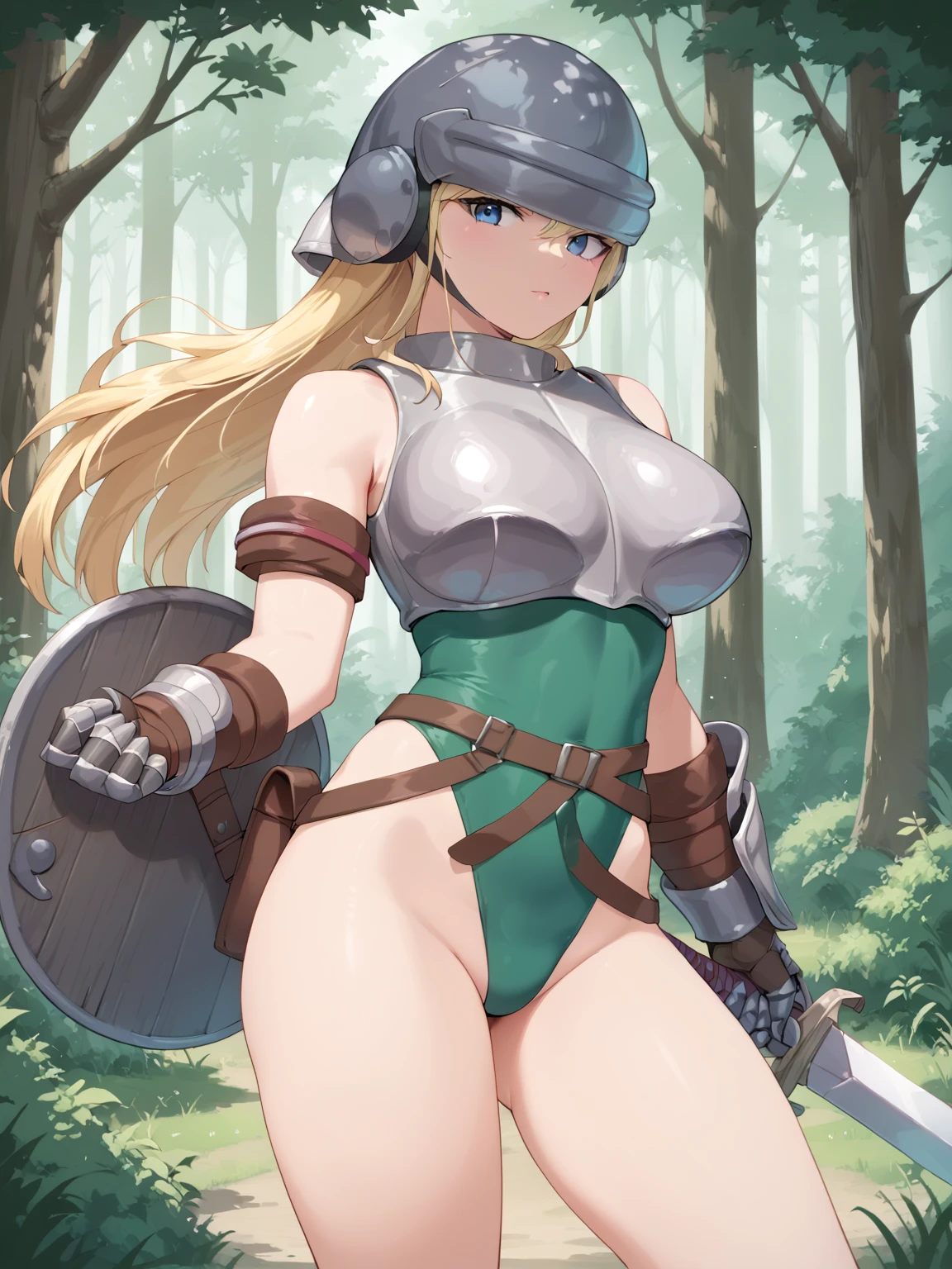 best quality, highres, 1girl, long hair, blonde hair, x hair ornament, armor, blue eyes, ponytail, hair ornament, gloves, shoulder armor, braid, black gloves, pauldrons, white boots, darkness \(konosuba\), large breasts, cowboy shot, village, outdoors, (excited:1.2), blush, closed mouth, (micro bikini:1.4),