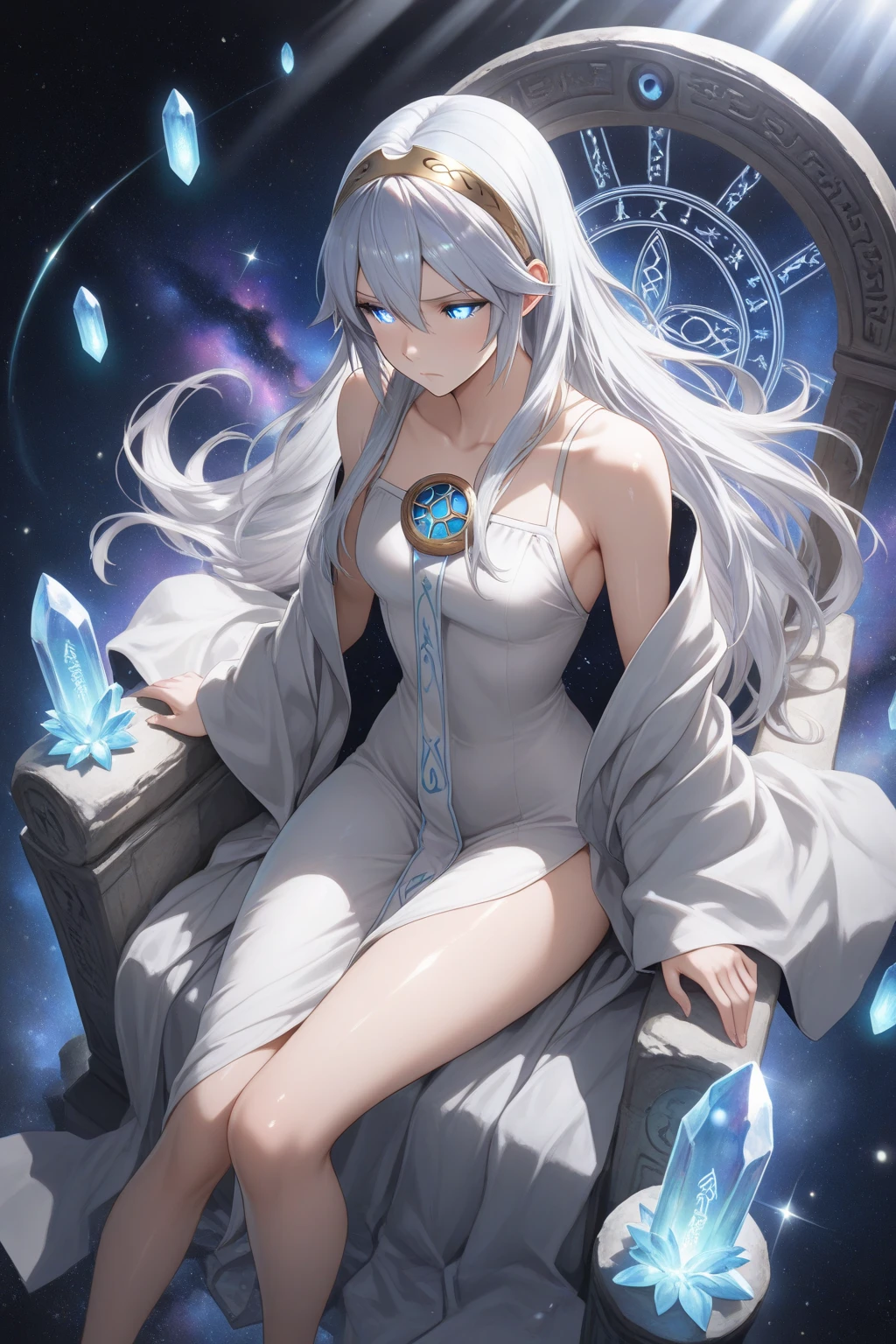 A close-up scene, A woman sitting on the floor holding a luminous magic ball in her hands, White hair, Magic blue eyes, Dark Forest, A magical place, bare feet, Hot Body, Wear a white dress embroidered in gold, a witch dress, Soft cinematic lighting, perfect anatomy, highly detail, hdr, Line, glossy, Dark skin, realistic details