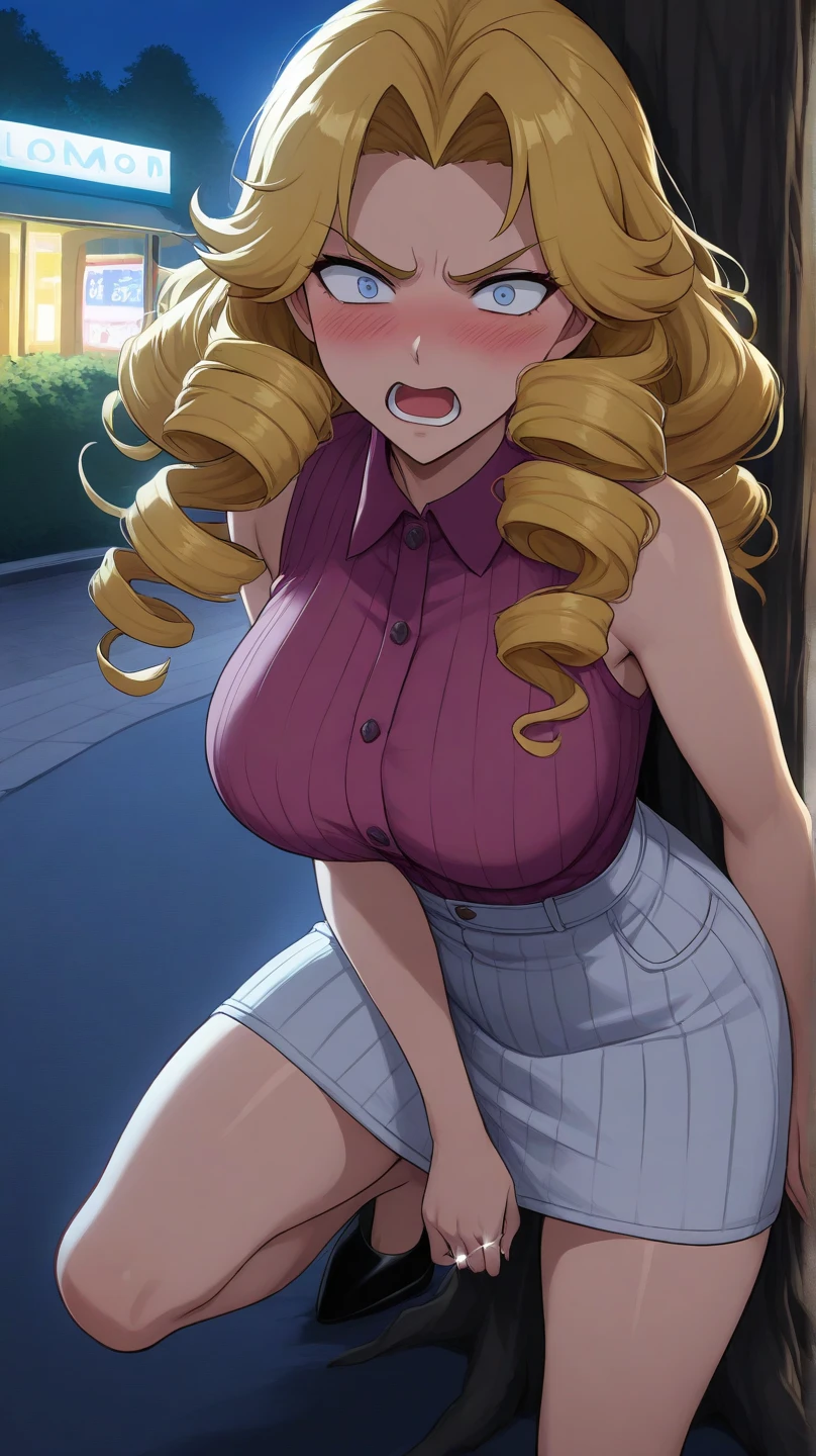 high quality, masterpiece, obese 1girl, solo,sitting, cyberpunk cityscape,night city \(city\), stealth in the city, masterpiece, school girl, white shirt, black paleted skirt, professional artwork, obese body, famous artwork, perfect face,(glowing eyes:1), beautiful face, intense look,Sakura, blonde hair, hair ornament, hairclip, smile, open mouth, brown eyes,dark skin, glowing eyes, ((????????????)), show cleavage, ??????????, short hair, background city,looking away from viewer, on your knees with your ?????????