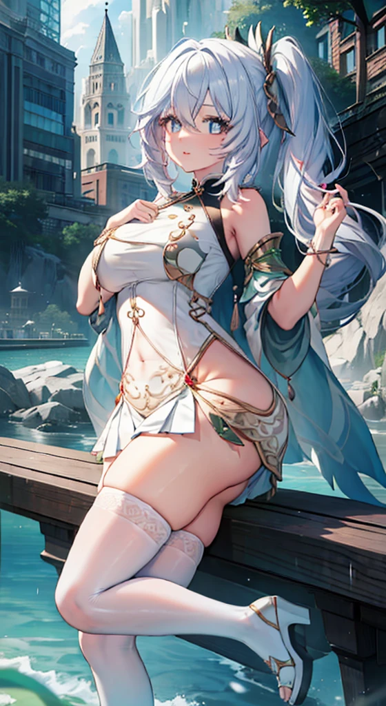 masterpiece, best quality, official art, 8k wallpaper, highly detailed, illustration, 1 girl, Azure hair, long hair, detailed eyes, forest, bare shoulders, hanfu,lakes, pure, soft smile,bamboo,Tea, lotus lake, navel, topless, nipples, smiling. hanfu skirt