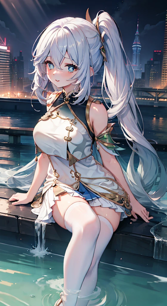 masterpiece, best quality, scherazard, hairband, hoop earrings, forehead jewel, necklace, crop top, cleavage, bridal gauntlets, sarong, sandals, large breasts, night sky, looking up, smile, sitting, seaside, docks <lora:scherazard-nvwls-v2-000009:0.9>