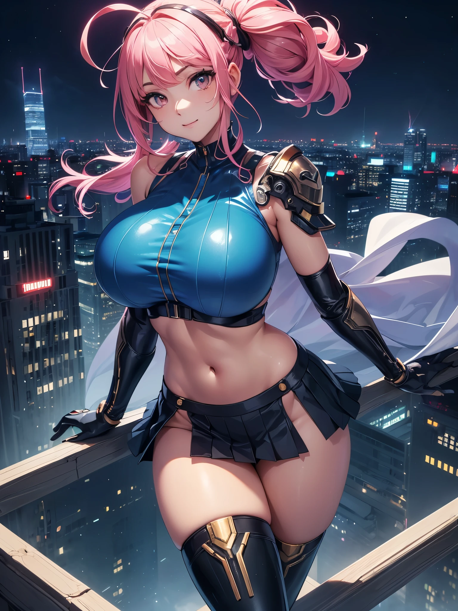 (highres, high quality:1.2), intricate details, cinematic lighting, sharp focus, depth of field,
Ingrid, 1girl, mature female, (dark-skinned female:1.1), dark skin, standing, arms behind head, cowboy shot, looking at viewer, cityscape, night, city light,
determined, smirking,
[pink|red] hair, very long hair, hair intakes, makeup, lipstick, (mole under mouth:0.8), eyelashes, yellow eyes, detailed face,
helloutfit, (turtleneck:1.1), (underboob:1.1), black elbow gloves, (coattails:1.1), revealing clothes, center opening, highleg panties, thigh boots, (multicolored clothes:1.1)
midriff, large breasts, areola slip, (nipple slip:0.8),