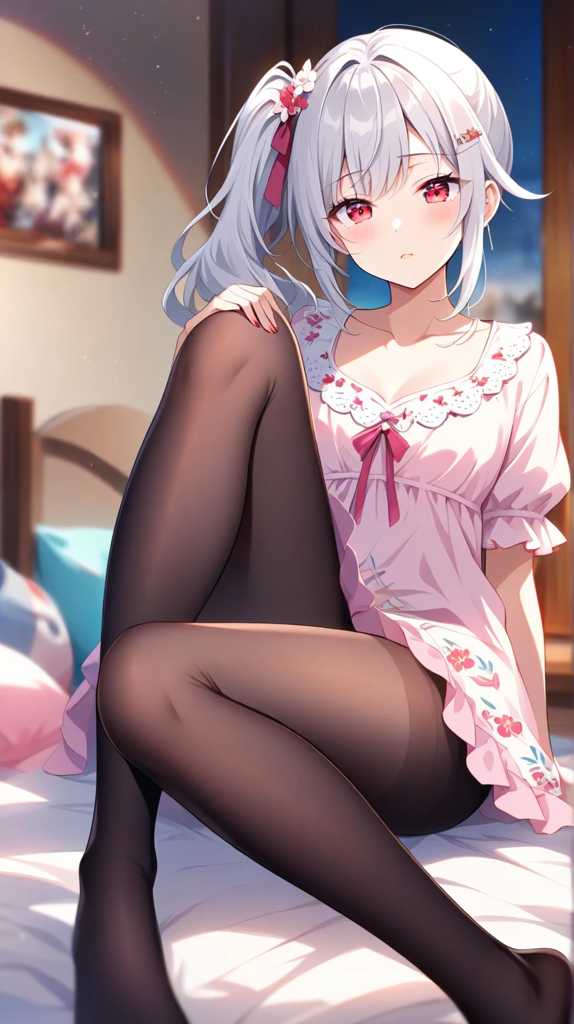 Digital Art, Digital Illustration, ((4K, 8K)), Ultra-detailed, beautiful image, Sharp Image, a close up of a woman in a short skirt and a grey sweater, sweater tucked into skirt, nylon tights, trending at cgstation, anime barbie doll, trending on cgstation, anime girl in real life, anime vtuber full body model, ((long white hair),(blue eyes), twin tails hair, ( 16 years old), (very small round breasts), on bed, play with sextoy