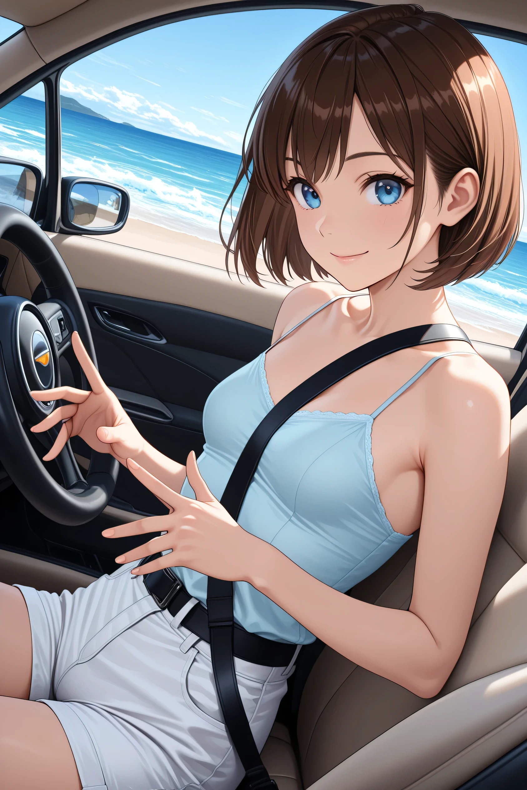 1girl, 18yo, in passenger seat, solo, brown hair, short bob hair, blue eyes, small breasts, smile, ((perfect fingers, perfect hands, 5 fingers))), (perfect anatomy: 1.3), (perfect arms), BREAK light blue camisole, white short pants, looking at viewer, Above the waist, (Dutch angle), BREAK (driving along a scenic coastal road:1.5), inside open car, seat belt, ocean waves, sandy beach, clear blue sky, BREAK masterpiece, best quality, very aesthetic, absurdres, absolutely resolution, ultra detailed, 8K, super fine illustration, highly detailed beautiful face and eyes, perfect anatomy,