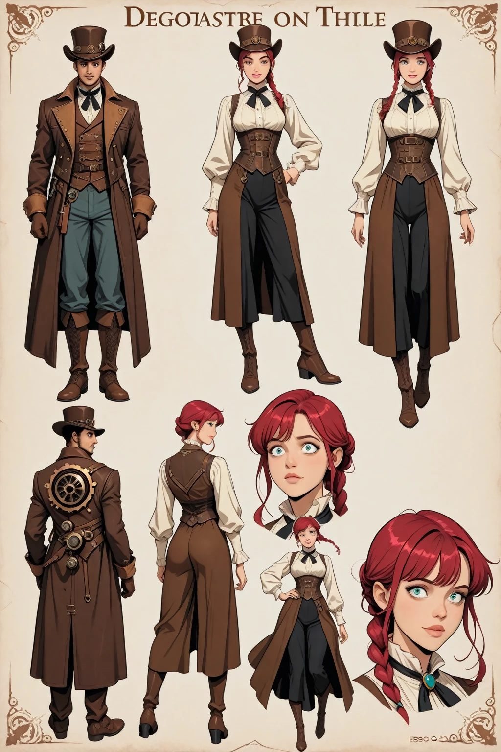 highres, masterpiece,
multi-view, turnaround, model sheet,  character design,
white background, simple background,
full body character turnaround of 1girl, Multiple views of the same character in the same outfit,
detailed costume design, embroidered corset, lace detailing, leather gloves, brown leather boots, high collar, patterned blouse, fantasy attire, trousers, detailed braided hairstyle, ornamental accessories, layered clothing, Victorian-era influence, ruffled cuffs and pants,
<lora:CharTurnRetag_v4:0.1>
<lora:Witcher3turn_v1:0.6>
<lora:Medieval2turn_v1:0.1>
<lora:bg3Turn_v1:0.1>