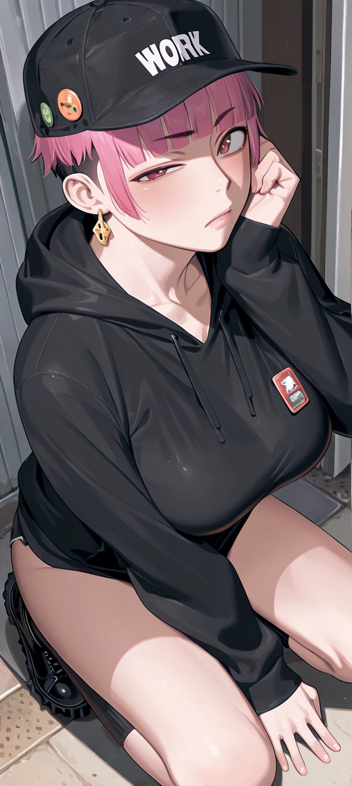 senjumaru shutara, (long hair, bangs, blunt bangs, black hair, sidelocks:1.5), (black eyes:1.5), makeup, lipstick, red lipstick, cropped hoodie, black bikini, long sleeves, sitting, armchair, spread legs, head rest, steaming body, wet, sweating, livingroom, modern decor,cozy atmosphere,relaxing vibes,urban backdrop,dreamy ambiance, huge breast, hair ornament, pubic hair peek, pussy peek, 