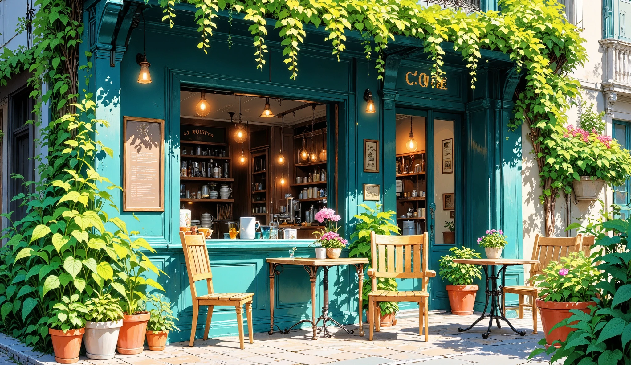 A charming outdoor cafe, depicts. A turquoise building, Covered with lush greenery, A cafe with an inviting outdoor seating area. Small light brown wooden tables and chairs are placed in front of large windows,Showing the interior of the cafe. Many potted plants and flowers, in various colors ( red, tangerine, Yellow, and pink), Decorating the seating area and the exterior of the building. The architectural design is simple and symmetrical. warmth, Natural light illuminates this scene, creating soft shades and accents on plants and furniture. The style is cheerful and peaceful, Creating a relaxing and peaceful feeling. The view is at street level, Looking directly at the exterior of the cafe. composition is balanced, Directly in front of the cafe,Greenery cascades down from the building. The overall impression is antique, An idyllic cafe setting.