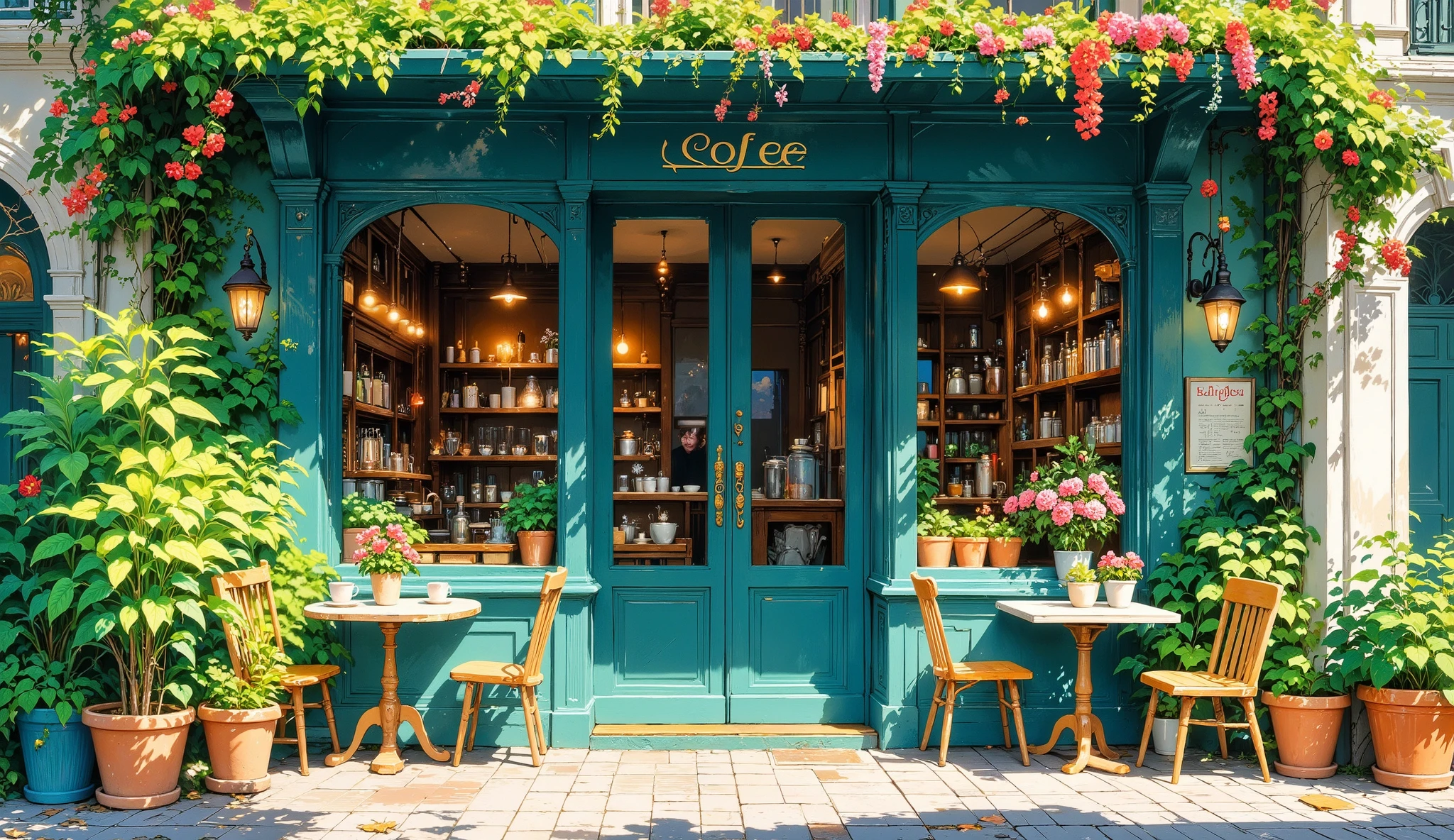 A charming outdoor cafe, depicts. A turquoise building, Covered with lush greenery, A cafe with an inviting outdoor seating area. Small light brown wooden tables and chairs are placed in front of large windows,Showing the interior of the cafe. Many potted plants and flowers, in various colors ( red, tangerine, Yellow, and pink), Decorating the seating area and the exterior of the building. The architectural design is simple and symmetrical. warmth, Natural light illuminates this scene, creating soft shades and accents on plants and furniture. The style is cheerful and peaceful, Creating a relaxing and peaceful feeling. The view is at street level, Looking directly at the exterior of the cafe. composition is balanced, Directly in front of the cafe,Greenery cascades down from the building. The overall impression is antique, An idyllic cafe setting.