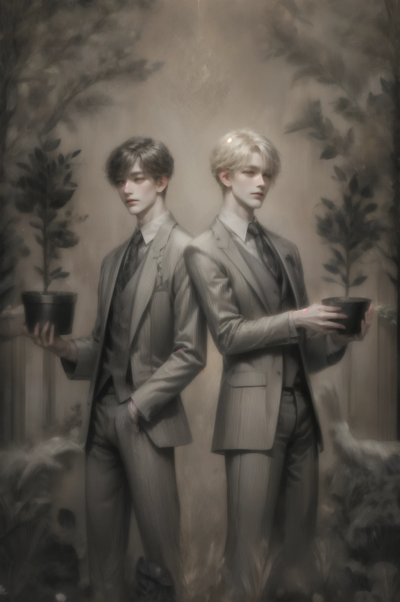 Two individuals stand in a serene and mystical forest setting, each holding a potted plant symbolic of growth and life. Their attire is formal and elegant; one wears a white blazer over a brown vest and blue tie, while the other is dressed in a tan suit with a coordinated vest and green tie. The backdrop is enchanting, with luminous flora and subtle sparkles, suggesting a magical or ethereal mood. Tall trees surround them, and a gentle light, suggestive of early dawn or twilight, casts a soft glow around them. The atmosphere is calm and slightly otherworldly, with hints of fantasy highlighted by the surrounding foliage and the ethereal lighting. The composition suggests themes of balance and harmony with nature.