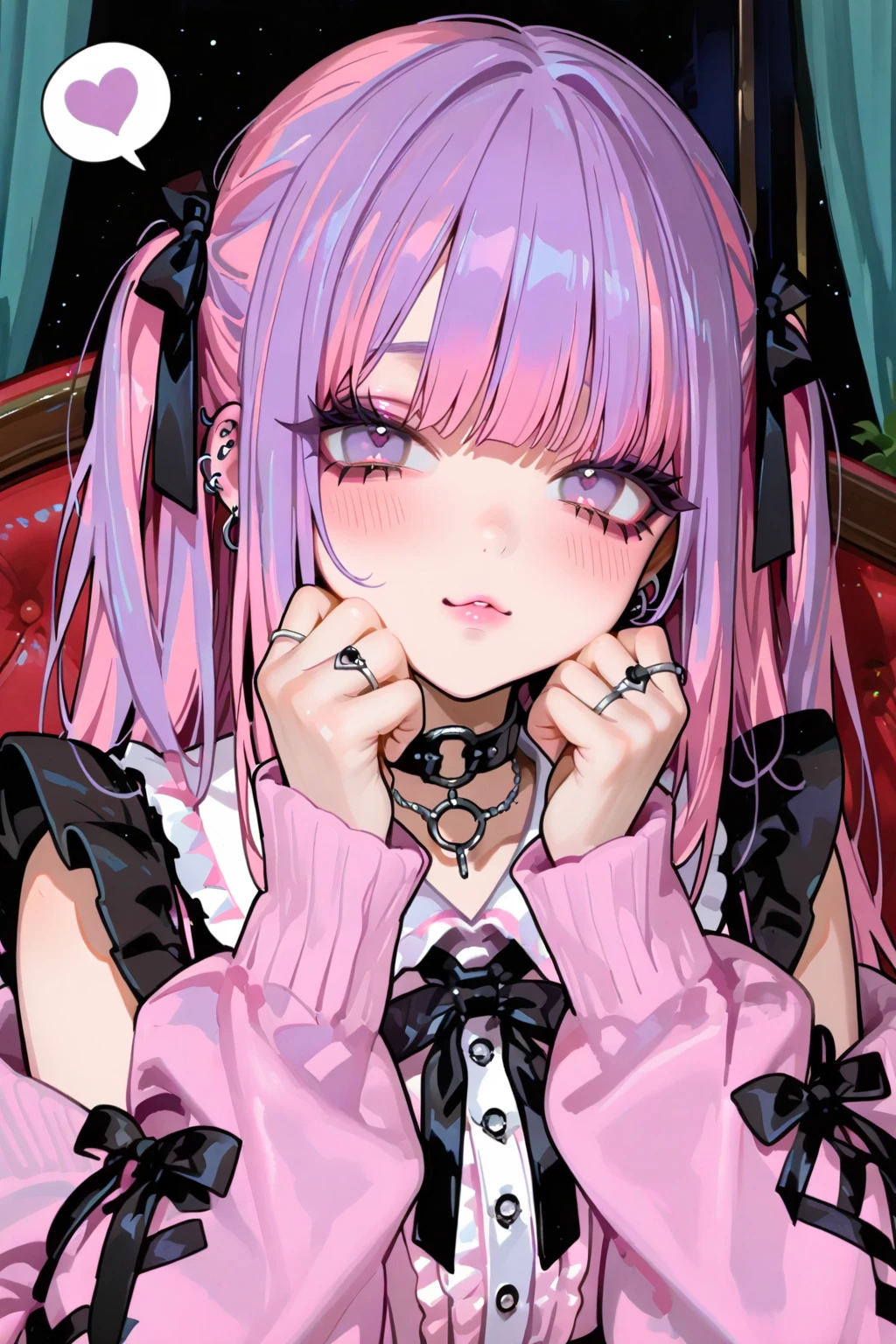 woman\((cute,\(very cute, Gothic Fashion,cute mark\):1.3),12 years old,skin\(white,青whiteい,Smooth,Silky,Shiny\),eye\(beautiful,Many star-shaped highlights\),Putting on makeup\(pink\),(anger),(black mouth mask),hair\(pink,Twin tails,floating,Rolled up,detailed,Shiny\),hairclip\(heart\),Costumes\((frills:1.3) pink dress\),eye尻\(pink:1.3\),(narrow eye),very cute pose,(chest:1.3),Open breasts, cute hand sign,(Many accessories)\), break ,background\(Harajuku\(Tokyo,Japan\),At night,cute,Fancy,dark\), break ,quality\(8K,wallpaper of extremely detailed CG unit, masterpiece,High resolution,top-quality,top-quality real texture skin,Surreal,Increase the resolution,RAW Photos,最高quality,highly detailed,wallpaper,Cinema Lighting,Ray-tracing,Golden Ratio\),(Dynamic Angle),(Face close-up:1.8),Looking up at the viewer,From above,Better Hands