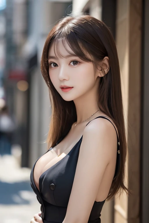 ((Best quality, 8k, Masterpiece :1.3)), Sharp focus :1.2, A pretty woman with perfect figure :1.4, Slender abs :1.2, ((Dark brown hair, Big breasts :1.2)), (Natural light, City street:1.1), Highly detailed face and skin texture, Detailed eyes, Double eyelid