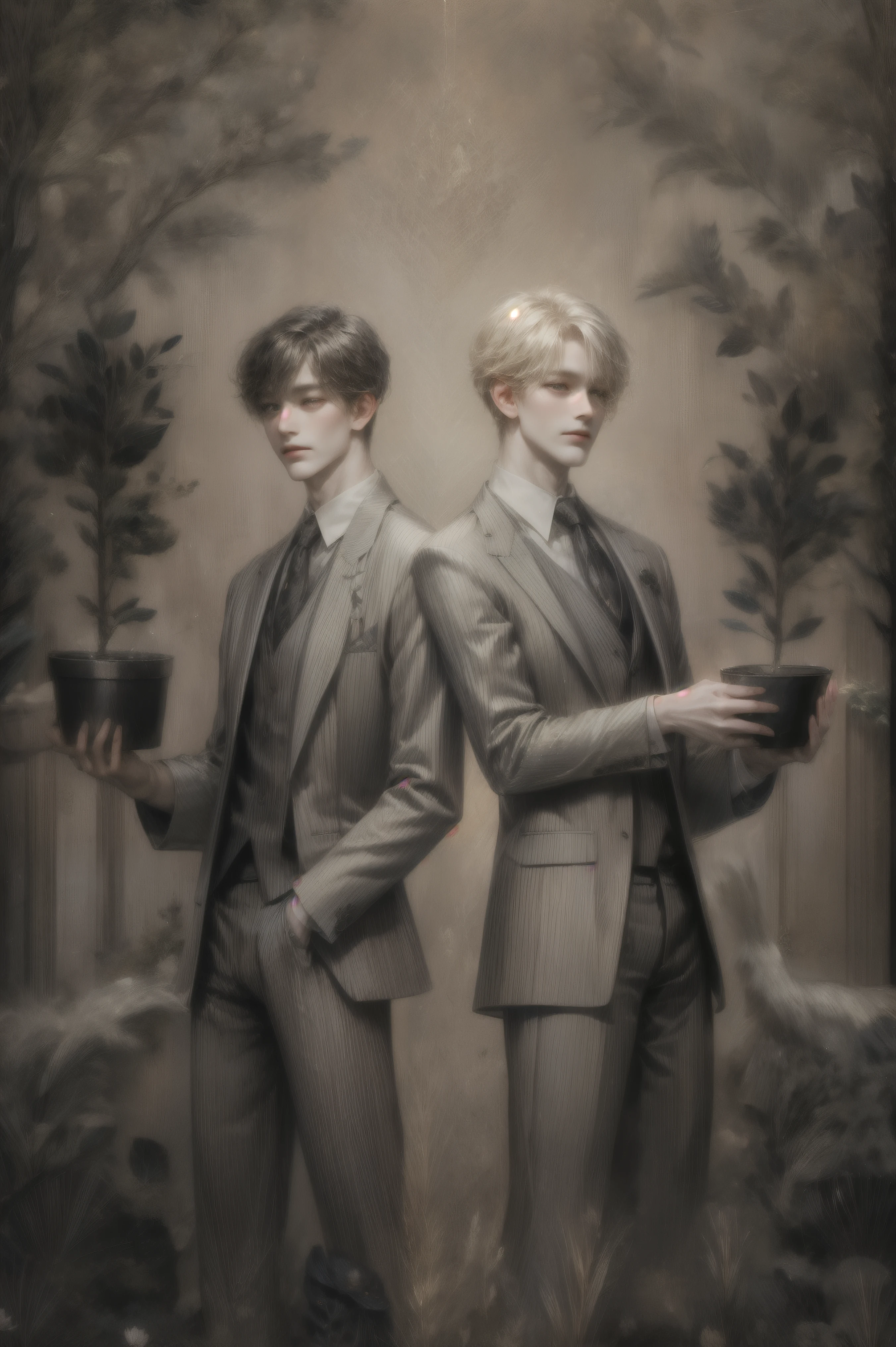 Two individuals stand in a serene and mystical forest setting, each holding a potted plant symbolic of growth and life. Their attire is formal and elegant; one wears a white blazer over a brown vest and blue tie, while the other is dressed in a tan suit with a coordinated vest and green tie. The backdrop is enchanting, with luminous flora and subtle sparkles, suggesting a magical or ethereal mood. Tall trees surround them, and a gentle light, suggestive of early dawn or twilight, casts a soft glow around them. The atmosphere is calm and slightly otherworldly, with hints of fantasy highlighted by the surrounding foliage and the ethereal lighting. The composition suggests themes of balance and harmony with nature.