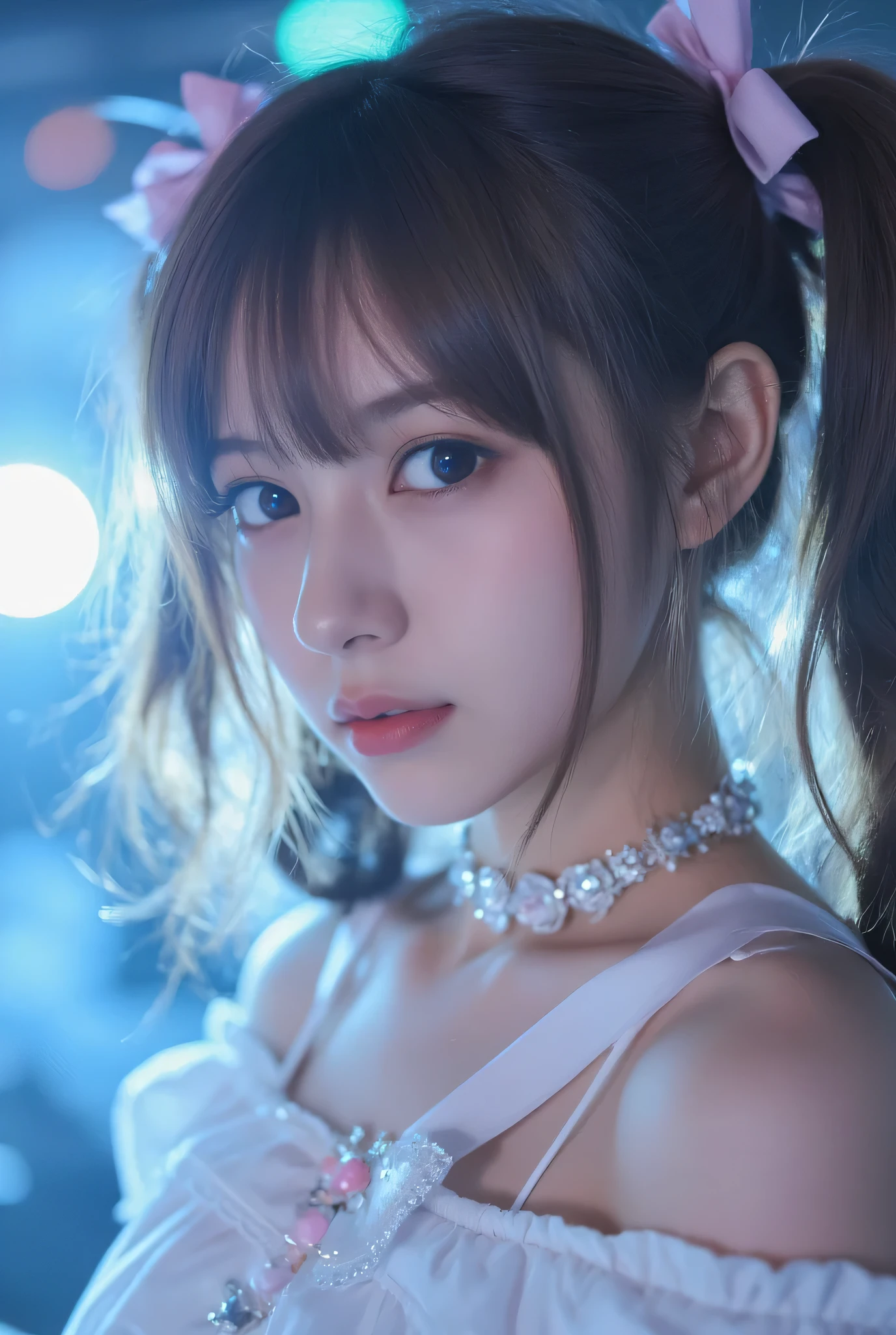 close-up RAT style Miku's expression、clear skin、Glowing Eyes 、characteristic bangs and side hair modeling、The neck decoration reflects light、The background is blurry venue lights、stage smoke creates a fantastic atmosphere、Photorealistic Textures