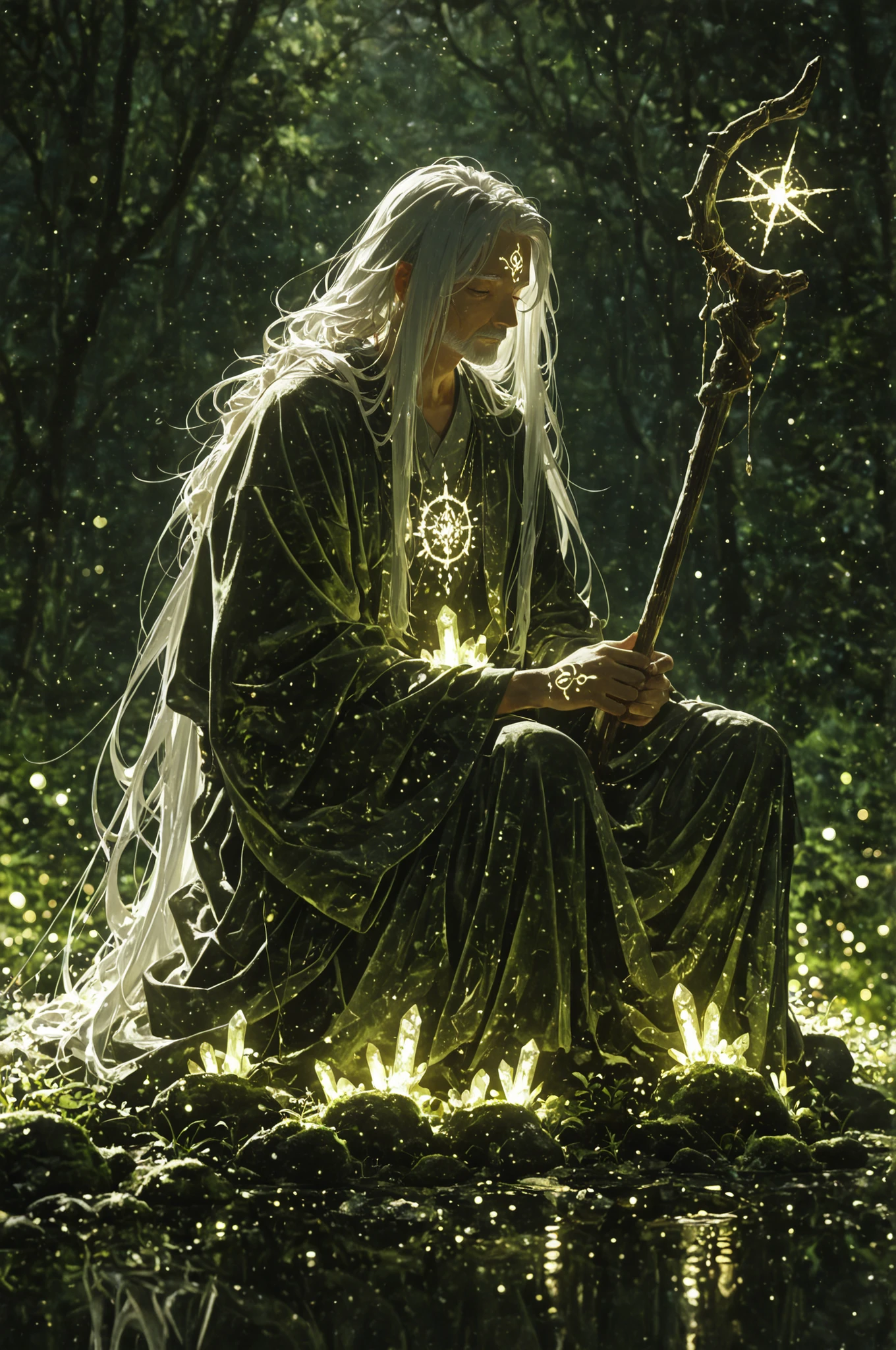 masterpiece, best quality, amazing quality, absurdres, newest, 1 man, old man,ancient elder, mystical forest guardian, humanoid spirit, moss-covered robe, glowing runes on skin, wooden staff with crystal core, long white hair flowing, wise and calm expression, ethereal atmosphere, soft green light, magical forest background, cinematic lighting, cinematic shadows, additional lighting, highly detailed fantasy Illustration, Glowing_Lights, glowing_light, glowing, glowing_effect, sparkling, particles, sparkle_effect, light_particles, glitter, glitter_effect, bokeh, pastel color, soft shading, ambient light, dreamy atmosphere, melancholy, subtle details, blurry background, no outline, sketchy lineart, cinematic lighting, watercolor style,light_bokeh, light_reflection,