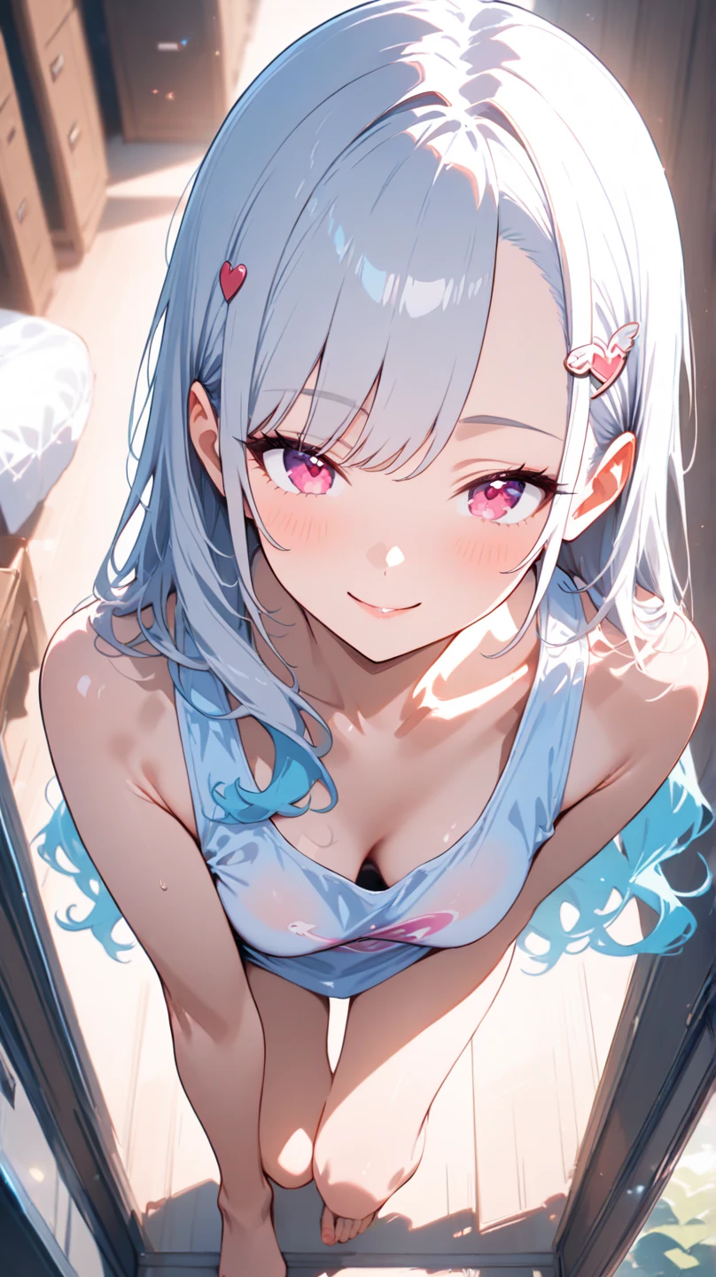 (Highest quality), (High resolution), (masterpiece), (Very detailed), Shiro \(no game No life\),Long Hair,Multicolored Hair,Hair between the eyes,Gradient Hair,Flat Chest,, Blue Archive Art Style, One Girl, Silky skin, Shiny skin, blush, desire, Heart pupil, Heavy breathing,(Sexy underwear), First Person View, (Dark Saturation), Love juice drips, Underwear is see-through, In bed at night, Dark Room, Sexy pose, To seduce, Delighted
