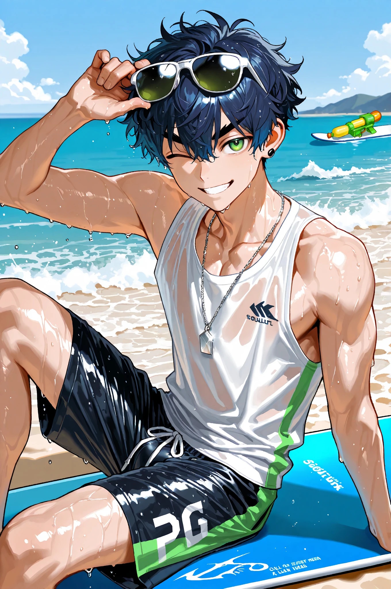 Ocean, sandy beach, one boy, light blue hair, bangs, swimsuit, holding surfboard
