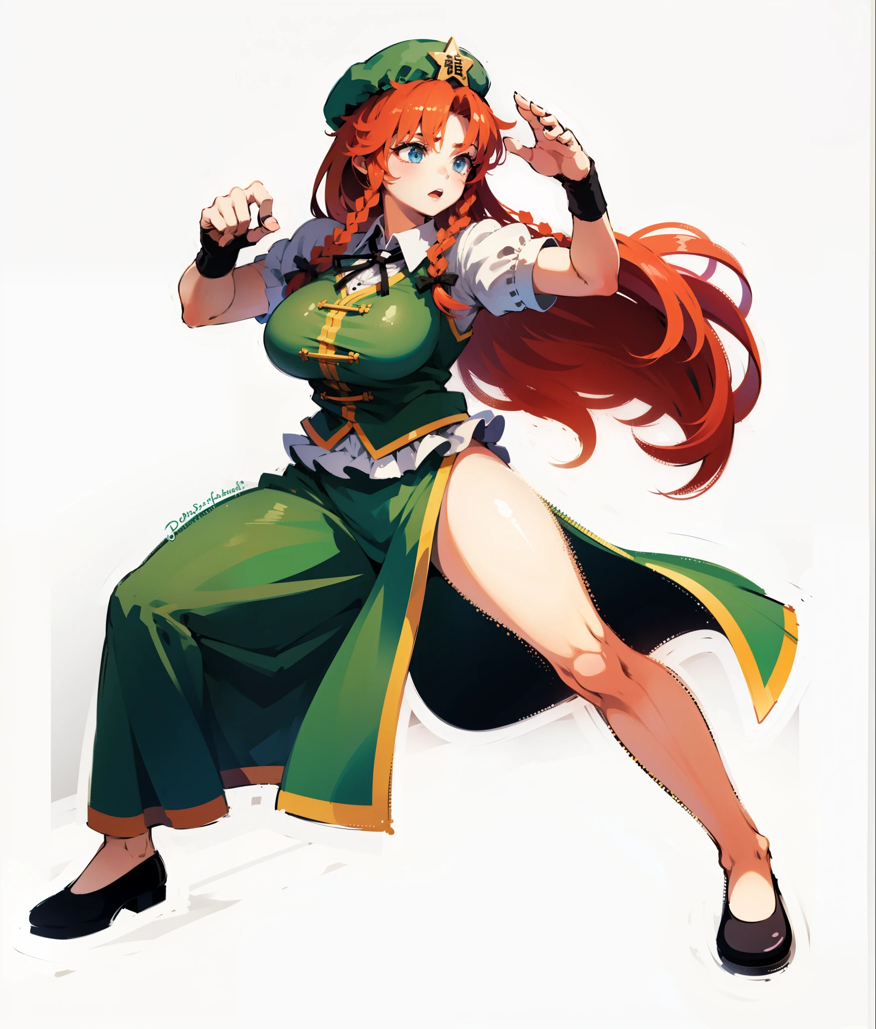 hong meiling,twin braids,hat,star hat ornament,chinese clothes,vest,puffy short sleeves,black gloves,fingerless gloves,pixel,