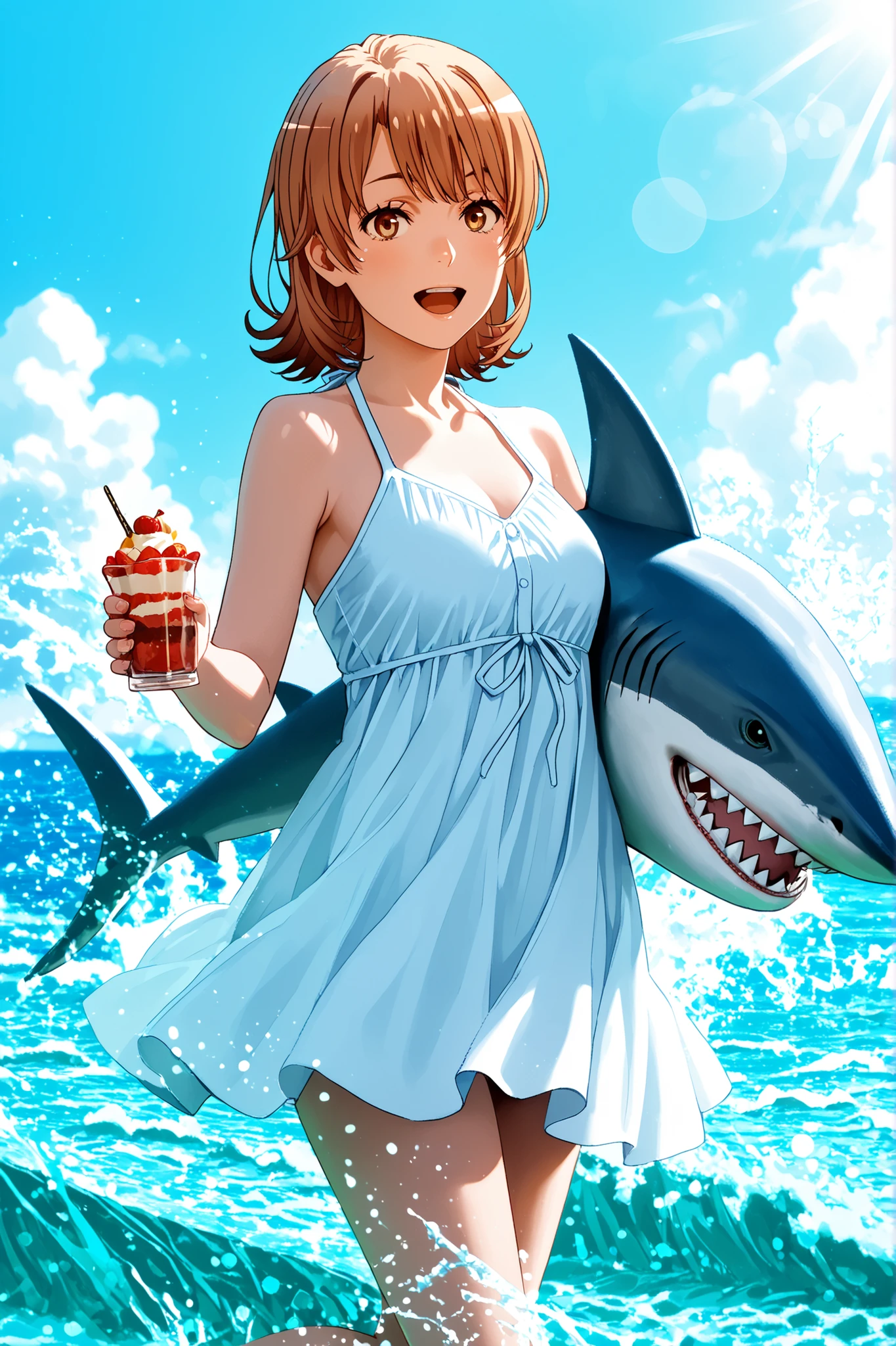 iroha isshiki, short hair, brown hair, brown eyes,,1 girl、Summer Sea、,4K High Resolution,Realistic,Professional,Bright Colors,Bokeh,Dessert,Sandy Beach,clear sky,Blue Sky, White Clouds ,Bright Sunlight,Blue Sea,wave splashes,leeway,relax,happy,positive,Fashion、A real giant shark is attacking